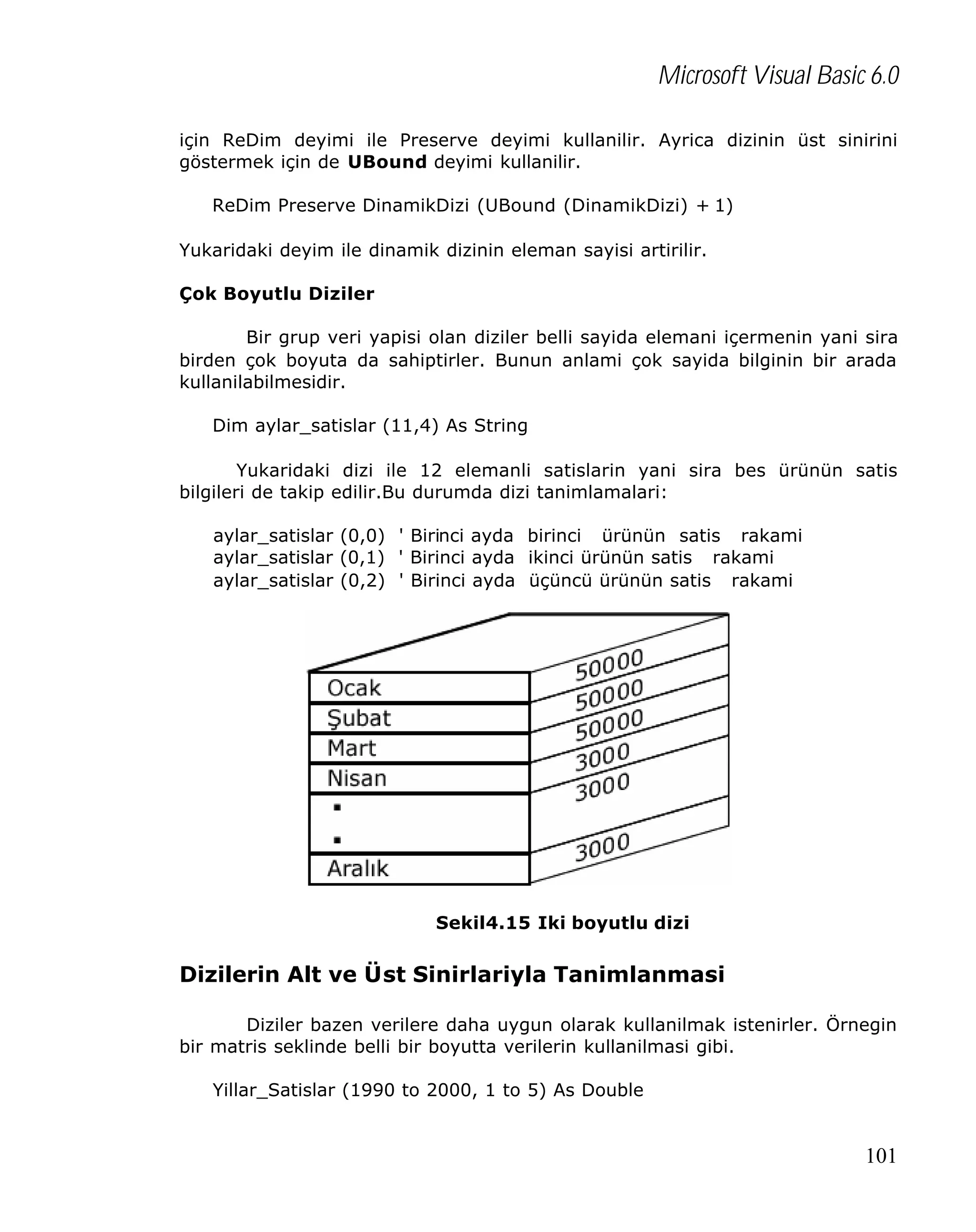 Microsoft Visual Basic 6.0
için ReDim deyimi ile Preserve deyimi kullanilir. Ayrica dizinin üst sinirini
göstermek için de UBound deyimi kullanilir.
ReDim Preserve DinamikDizi (UBound (DinamikDizi) + 1)
Yukaridaki deyim ile dinamik dizinin eleman sayisi artirilir.
Çok Boyutlu Diziler
Bir grup veri yapisi olan diziler belli sayida elemani içermenin yani sira
birden çok boyuta da sahiptirler. Bunun anlami çok sayida bilginin bir arada
kullanilabilmesidir.
Dim aylar_satislar (11,4) As String
Yukaridaki dizi ile 12 elemanli satislarin yani sira bes ürünün satis
bilgileri de takip edilir.Bu durumda dizi tanimlamalari:
aylar_satislar (0,0) ' Birinci ayda birinci ürünün satis rakami
aylar_satislar (0,1) ' Birinci ayda ikinci ürünün satis rakami
aylar_satislar (0,2) ' Birinci ayda üçüncü ürünün satis rakami

Sekil4.15 Iki boyutlu dizi

Dizilerin Alt ve Üst Sinirlariyla Tanimlanmasi
Diziler bazen verilere daha uygun olarak kullanilmak istenirler. Örnegin
bir matris seklinde belli bir boyutta verilerin kullanilmasi gibi.
Yillar_Satislar (1990 to 2000, 1 to 5) As Double

101

 