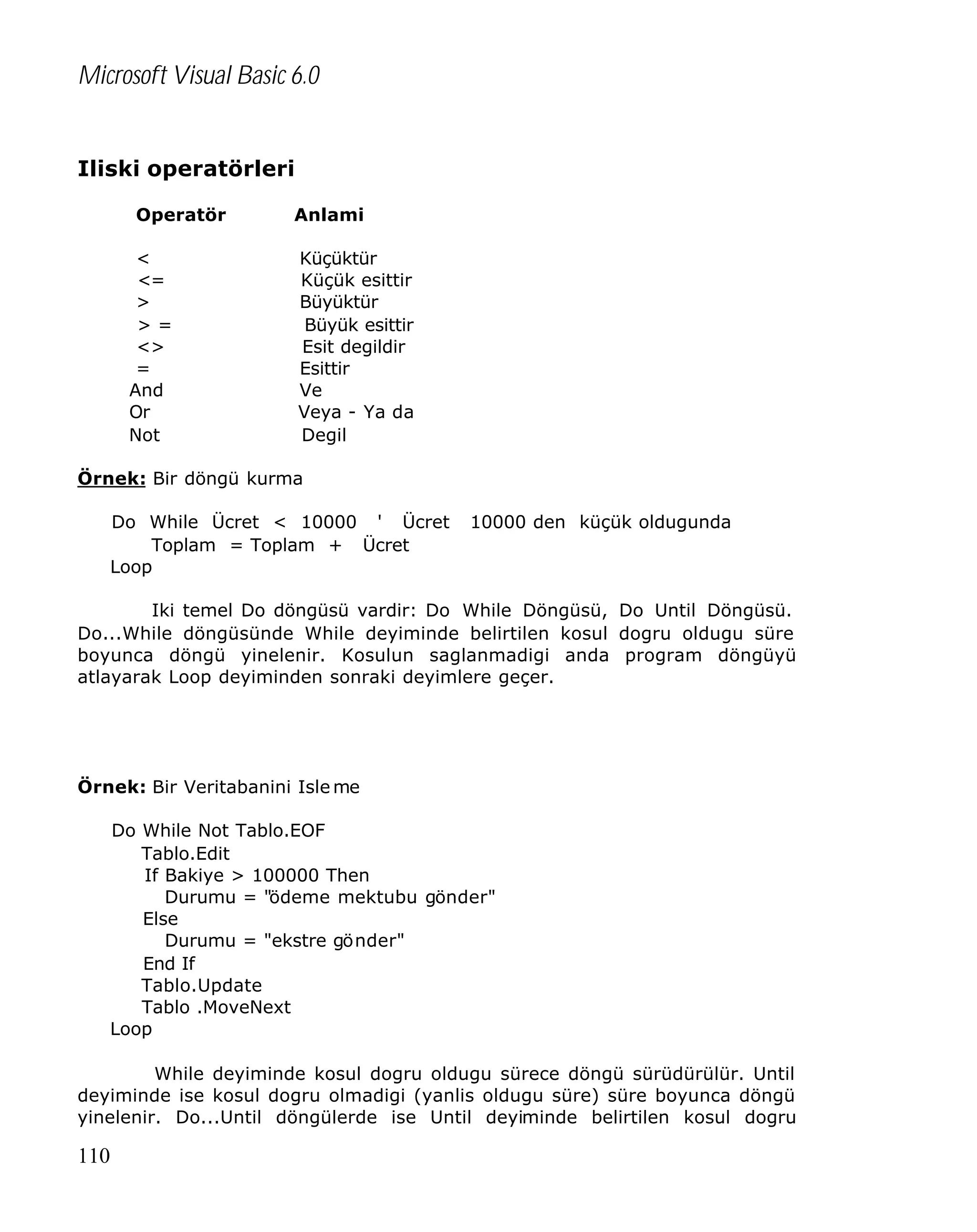 Microsoft Visual Basic 6.0
Iliski operatörleri
Operatör
<
<=
>
>=
<>
=
And
Or
Not

Anlami
Küçüktür
Küçük esittir
Büyüktür
Büyük esittir
Esit degildir
Esittir
Ve
Veya - Ya da
Degil

Örnek: Bir döngü kurma
Do While Ücret < 10000 ' Ücret
Toplam = Toplam + Ücret
Loop

10000 den küçük oldugunda

Iki temel Do döngüsü vardir: Do While Döngüsü, Do Until Döngüsü.
Do...While döngüsünde While deyiminde belirtilen kosul dogru oldugu süre
boyunca döngü yinelenir. Kosulun saglanmadigi anda program döngüyü
atlayarak Loop deyiminden sonraki deyimlere geçer.

Örnek: Bir Veritabanini Isle me
Do While Not Tablo.EOF
Tablo.Edit
If Bakiye > 100000 Then
Durumu = "ödeme mektubu gönder"
Else
Durumu = "ekstre gönder"
End If
Tablo.Update
Tablo .MoveNext
Loop
While deyiminde kosul dogru oldugu sürece döngü sürüdürülür. Until
deyiminde ise kosul dogru olmadigi (yanlis oldugu süre) süre boyunca döngü
yinelenir. Do...Until döngülerde ise Until deyiminde belirtilen kosul dogru

110

 