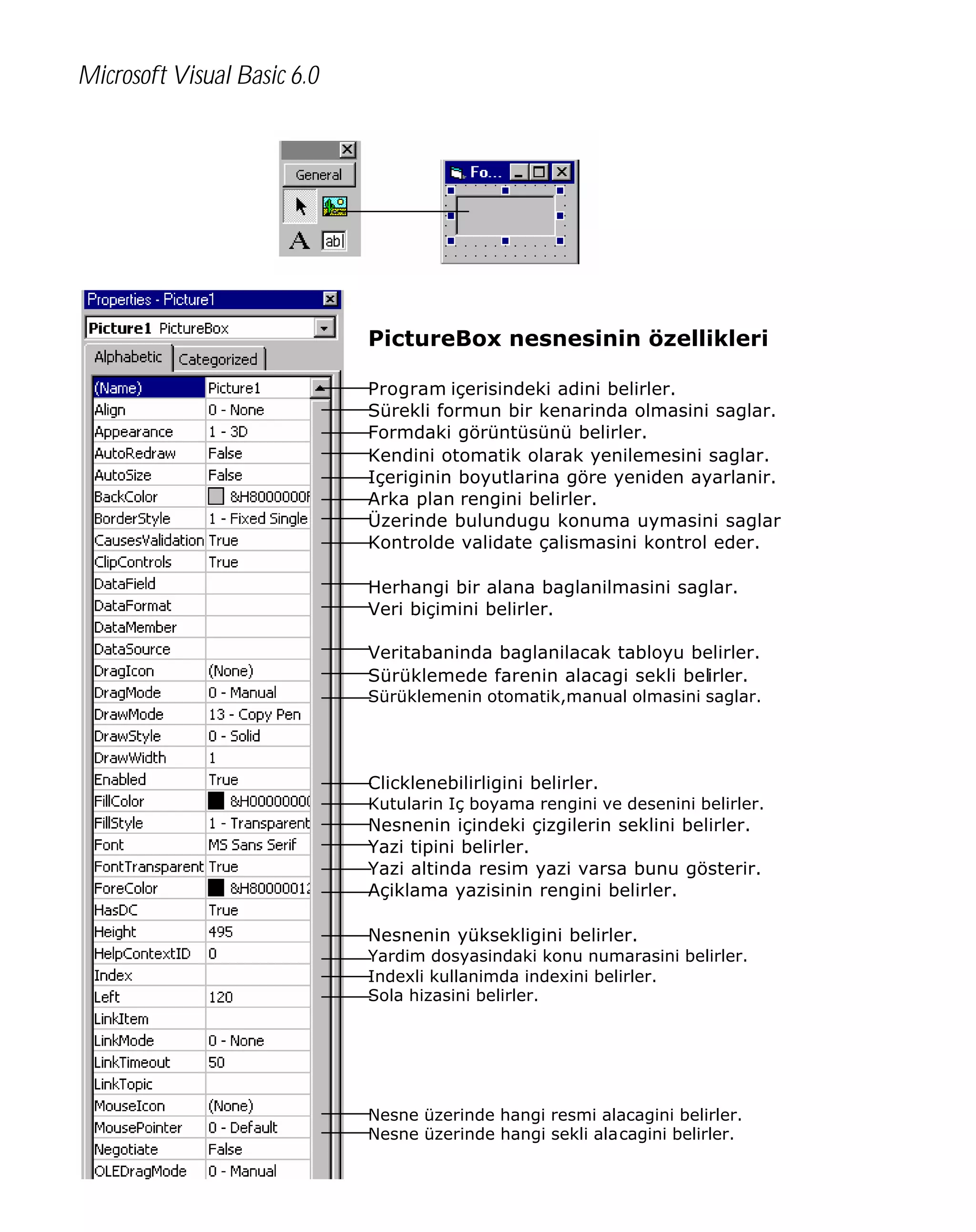 Microsoft Visual Basic 6.0

PictureBox nesnesinin özellikleri
Program içerisindeki adini belirler.
Sürekli formun bir kenarinda olmasini saglar.
Formdaki görüntüsünü belirler.
Kendini otomatik olarak yenilemesini saglar.
Içeriginin boyutlarina göre yeniden ayarlanir.
Arka plan rengini belirler.
Üzerinde bulundugu konuma uymasini saglar
Kontrolde validate çalismasini kontrol eder.
Herhangi bir alana baglanilmasini saglar.
Veri biçimini belirler.
Veritabaninda baglanilacak tabloyu belirler.
Sürüklemede farenin alacagi sekli belirler.
Sürüklemenin otomatik,manual olmasini saglar.

Clicklenebilirligini belirler.
Kutularin Iç boyama rengini ve desenini belirler.

Nesnenin içindeki çizgilerin seklini belirler.
Yazi tipini belirler.
Yazi altinda resim yazi varsa bunu gösterir.
Açiklama yazisinin rengini belirler.
Nesnenin yüksekligini belirler.
Yardim dosyasindaki konu numarasini belirler.
Indexli kullanimda indexini belirler.
Sola hizasini belirler.

Nesne üzerinde hangi resmi alacagini belirler.
Nesne üzerinde hangi sekli alacagini belirler.

222

 
