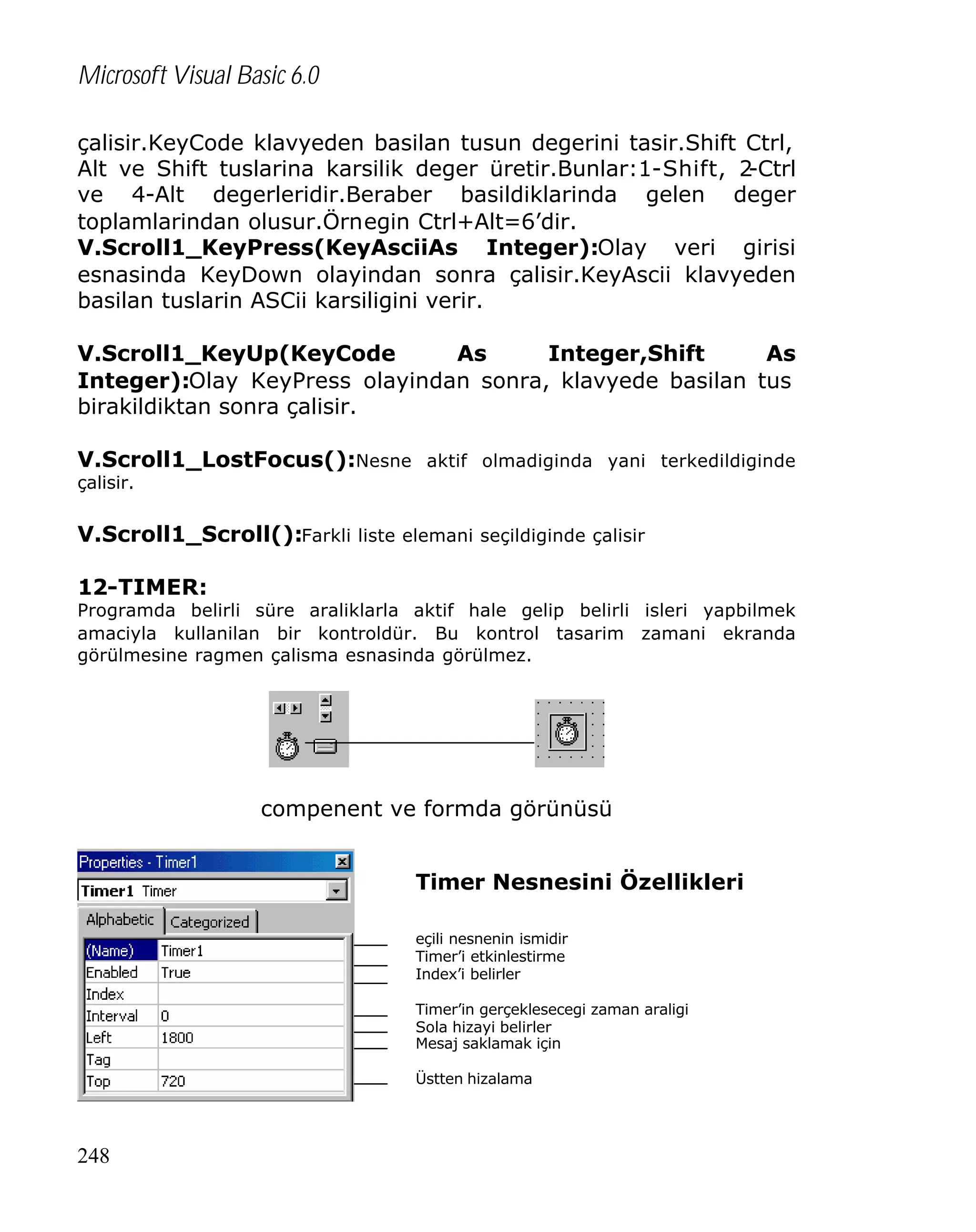 Microsoft Visual Basic 6.0
çalisir.KeyCode klavyeden basilan tusun degerini tasir.Shift Ctrl,
Alt ve Shift tuslarina karsilik deger üretir.Bunlar:1-Shift, 2
-Ctrl
ve 4-Alt degerleridir.Beraber basildiklarinda gelen deger
toplamlarindan olusur.Örnegin Ctrl+Alt=6’dir.
V.Scroll1_KeyPress(KeyAsciiAs Integer):Olay veri girisi
esnasinda KeyDown olayindan sonra çalisir.KeyAscii klavyeden
basilan tuslarin ASCii karsiligini verir.
V.Scroll1_KeyUp(KeyCode
As
Integer,Shift
As
Integer):Olay KeyPress olayindan sonra, klavyede basilan tus
birakildiktan sonra çalisir.
V.Scroll1_LostFocus():Nesne aktif olmadiginda yani terkedildiginde
çalisir.

V.Scroll1_Scroll():Farkli liste elemani seçildiginde çalisir
12-TIMER:

Programda belirli süre araliklarla aktif hale gelip belirli isleri yapbilmek
amaciyla kullanilan bir kontroldür. Bu kontrol tasarim zamani ekranda
görülmesine ragmen çalisma esnasinda görülmez.

compenent ve formda görünüsü
Timer Nesnesini Özellikleri
eçili nesnenin ismidir
Timer’i etkinlestirme
Index’i belirler
Timer’in gerçeklesecegi zaman araligi
Sola hizayi belirler
Mesaj saklamak için
Üstten hizalama

248

 