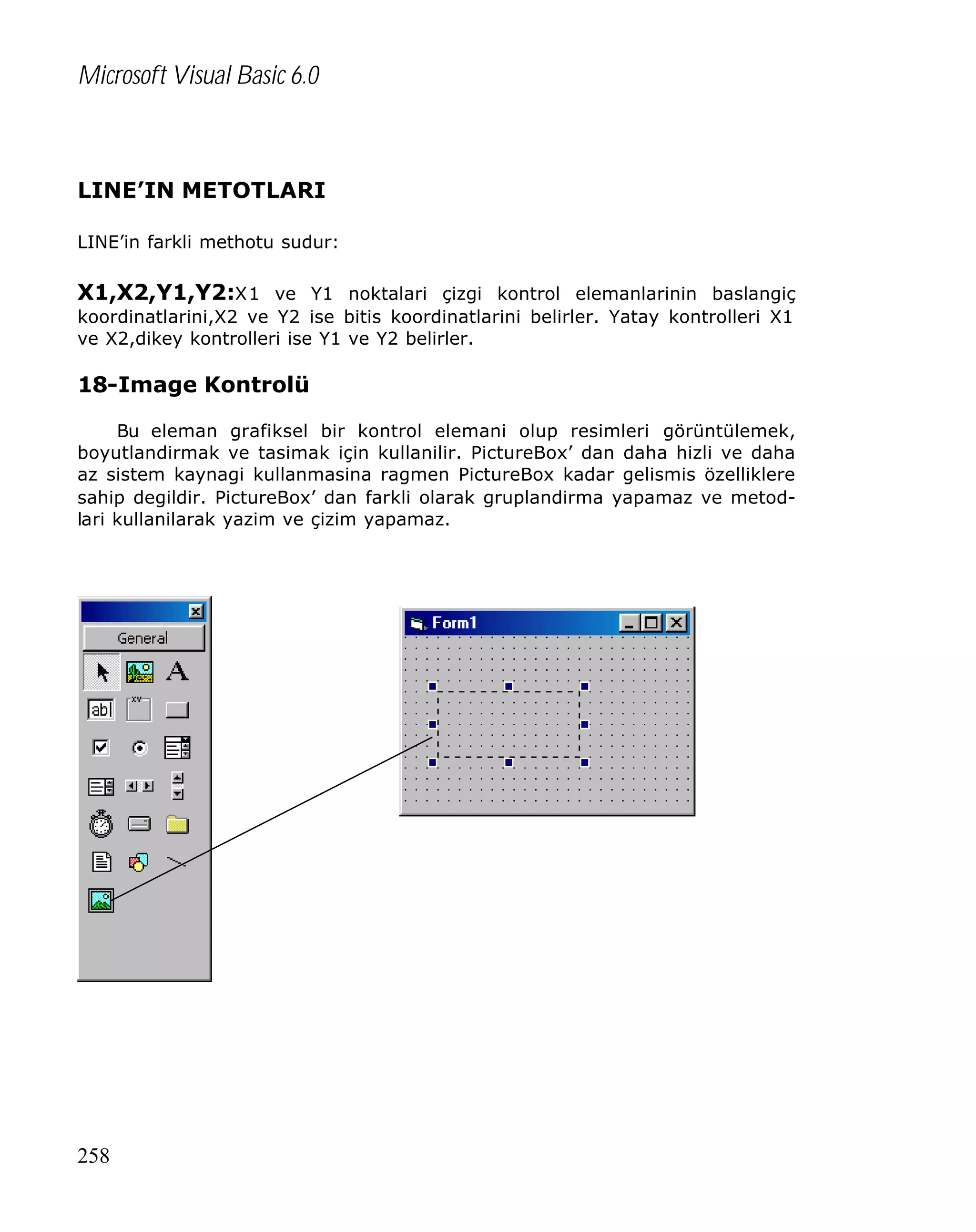 Microsoft Visual Basic 6.0

LINE’IN METOTLARI
LINE’in farkli methotu sudur:

X1,X2,Y1,Y2:X1 ve Y1 noktalari çizgi kontrol elemanlarinin baslangiç
koordinatlarini,X2 ve Y2 ise bitis koordinatlarini belirler. Yatay kontrolleri X1
ve X2,dikey kontrolleri ise Y1 ve Y2 belirler.

18-Image Kontrolü
Bu eleman grafiksel bir kontrol elemani olup resimleri görüntülemek,
boyutlandirmak ve tasimak için kullanilir. PictureBox’ dan daha hizli ve daha
az sistem kaynagi kullanmasina ragmen PictureBox kadar gelismis özelliklere
sahip degildir. PictureBox’ dan farkli olarak gruplandirma yapamaz ve metodlari kullanilarak yazim ve çizim yapamaz.

258

 