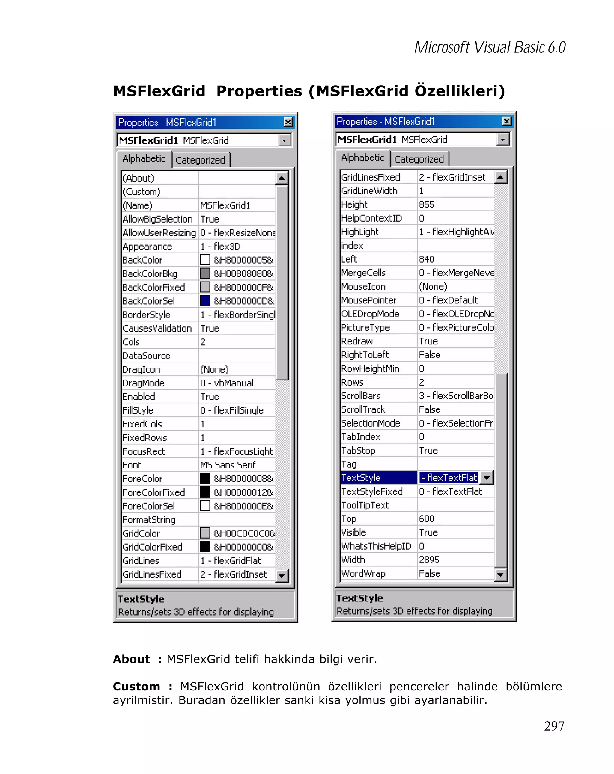 Microsoft Visual Basic 6.0
MSFlexGrid Properties (MSFlexGrid Özellikleri)

About : MSFlexGrid telifi hakkinda bilgi verir.
Custom : MSFlexGrid kontrolünün özellikleri pencereler halinde bölümlere
ayrilmistir. Buradan özellikler sanki kisa yolmus gibi ayarlanabilir.

297

 