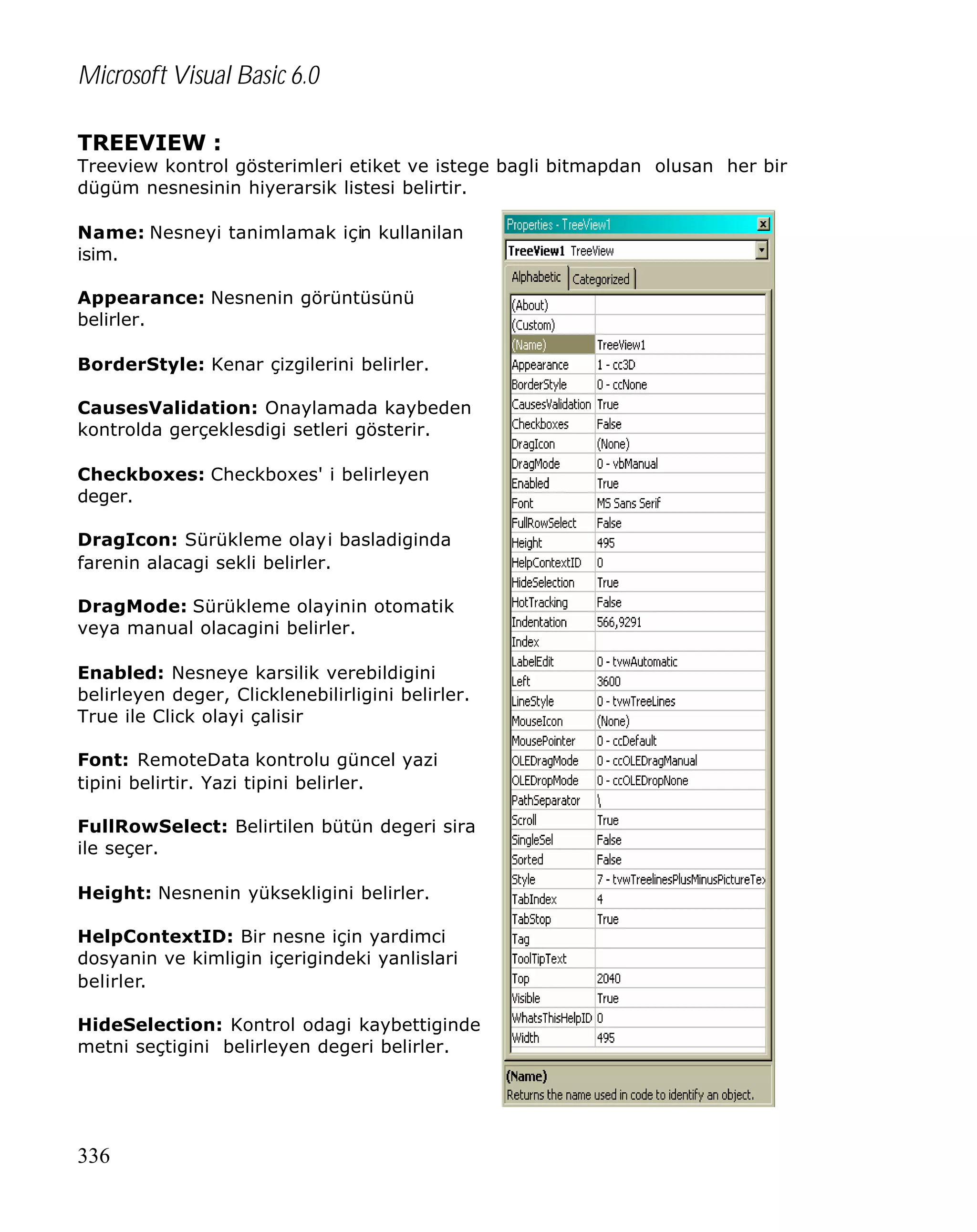 Microsoft Visual Basic 6.0
TREEVIEW :

Treeview kontrol gösterimleri etiket ve istege bagli bitmapdan olusan her bir
dügüm nesnesinin hiyerarsik listesi belirtir.
Name: Nesneyi tanimlamak için kullanilan
isim.
Appearance: Nesnenin görüntüsünü
belirler.
BorderStyle: Kenar çizgilerini belirler.
CausesValidation: Onaylamada kaybeden
kontrolda gerçeklesdigi setleri gösterir.
Checkboxes: Checkboxes' i belirleyen
deger.
DragIcon: Sürükleme olayi basladiginda
farenin alacagi sekli belirler.
DragMode: Sürükleme olayinin otomatik
veya manual olacagini belirler.
Enabled: Nesneye karsilik verebildigini
belirleyen deger, Clicklenebilirligini belirler.
True ile Click olayi çalisir
Font: RemoteData kontrolu güncel yazi
tipini belirtir. Yazi tipini belirler.
FullRowSelect: Belirtilen bütün degeri sira
ile seçer.
Height: Nesnenin yüksekligini belirler.
HelpContextID: Bir nesne için yardimci
dosyanin ve kimligin içerigindeki yanlislari
belirler.
HideSelection: Kontrol odagi kaybettiginde
metni seçtigini belirleyen degeri belirler.

336

 