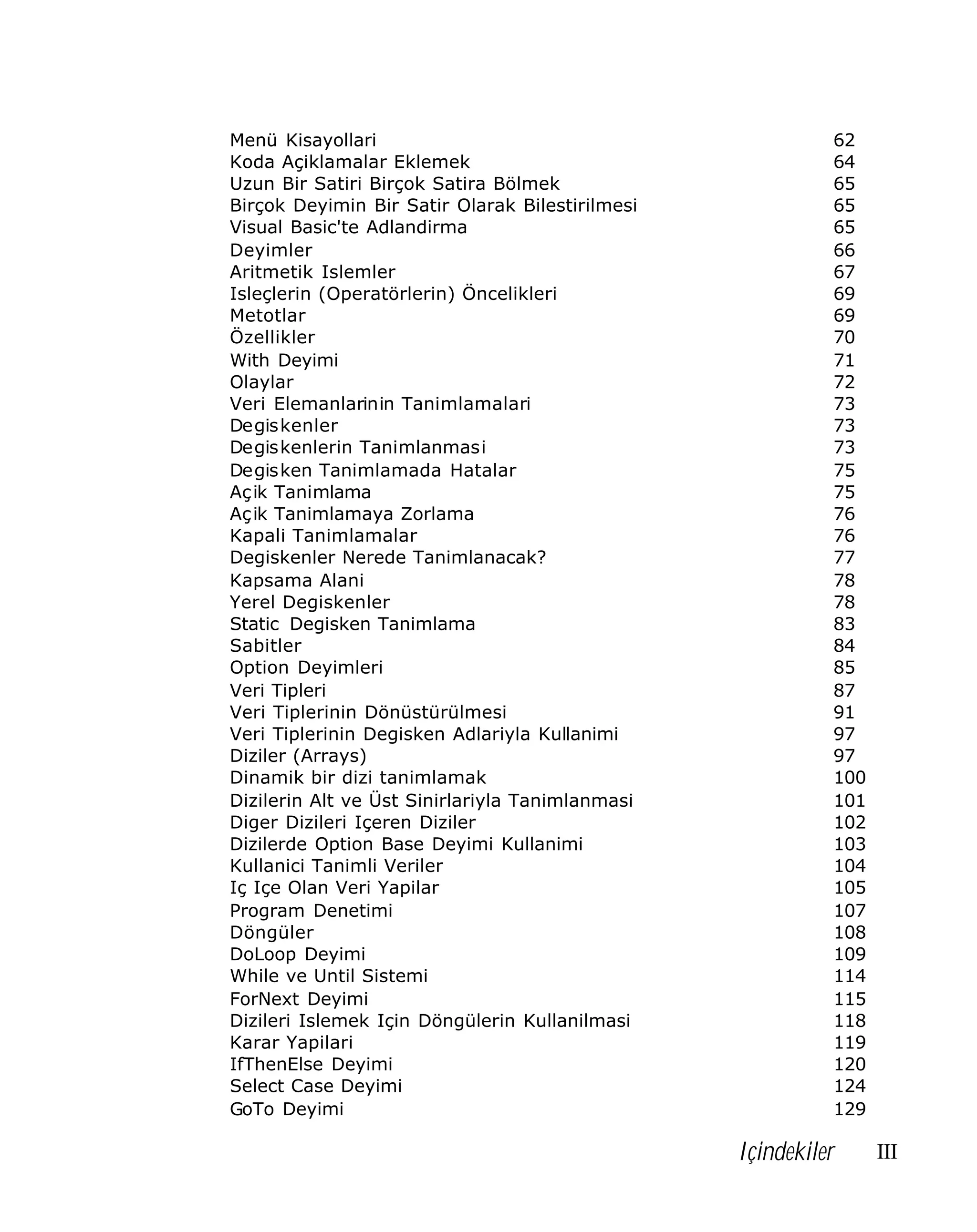 Menü Kisayollari
Koda Açiklamalar Eklemek
Uzun Bir Satiri Birçok Satira Bölmek
Birçok Deyimin Bir Satir Olarak Bilestirilmesi
Visual Basic'te Adlandirma
Deyimler
Aritmetik Islemler
Isleçlerin (Operatörlerin) Öncelikleri
Metotlar
Özellikler
With Deyimi
Olaylar
Veri Elemanlarinin Tanimlamalari
Degiskenler
Degiskenlerin Tanimlanmasi
Degisken Tanimlamada Hatalar
Aç ik Tanimlama
Aç ik Tanimlamaya Zorlama
Kapali Tanimlamalar
Degiskenler Nerede Tanimlanacak?
Kapsama Alani
Yerel Degiskenler
Static Degisken Tanimlama
Sabitler
Option Deyimleri
Veri Tipleri
Veri Tiplerinin Dönüstürülmesi
Veri Tiplerinin Degisken Adlariyla Kullanimi
Diziler (Arrays)
Dinamik bir dizi tanimlamak
Dizilerin Alt ve Üst Sinirlariyla Tanimlanmasi
Diger Dizileri Içeren Diziler
Dizilerde Option Base Deyimi Kullanimi
Kullanici Tanimli Veriler
Iç Içe Olan Veri Yapilar
Program Denetimi
Döngüler
DoLoop Deyimi
While ve Until Sistemi
ForNext Deyimi
Dizileri Islemek Için Döngülerin Kullanilmasi
Karar Yapilari
IfThenElse Deyimi
Select Case Deyimi
GoTo Deyimi

62
64
65
65
65
66
67
69
69
70
71
72
73
73
73
75
75
76
76
77
78
78
83
84
85
87
91
97
97
100
101
102
103
104
105
107
108
109
114
115
118
119
120
124
129

Içindekiler

III

 