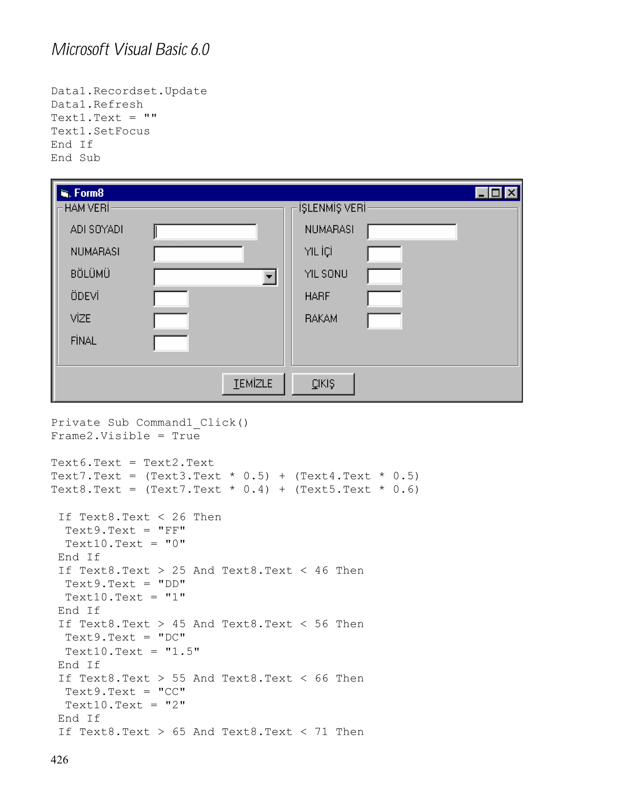 Microsoft Visual Basic 6.0
Data1.Recordset.Update
Data1.Refresh
Text1.Text = ""
Text1.SetFocus
End If
End Sub

Private Sub Command1_Click()
Frame2.Visible = True
Text6.Text = Text2.Text
Text7.Text = (Text3.Text * 0.5) + (Text4.Text * 0.5)
Text8.Text = (Text7.Text * 0.4) + (Text5.Text * 0.6)
If Text8.Text < 26 Then
Text9.Text = "FF"
Text10.Text = "0"
End If
If Text8.Text > 25 And Text8.Text
Text9.Text = "DD"
Text10.Text = "1"
End If
If Text8.Text > 45 And Text8.Text
Text9.Text = "DC"
Text10.Text = "1.5"
End If
If Text8.Text > 55 And Text8.Text
Text9.Text = "CC"
Text10.Text = "2"
End If
If Text8.Text > 65 And Text8.Text
426

< 46 Then

< 56 Then

< 66 Then

< 71 Then

 