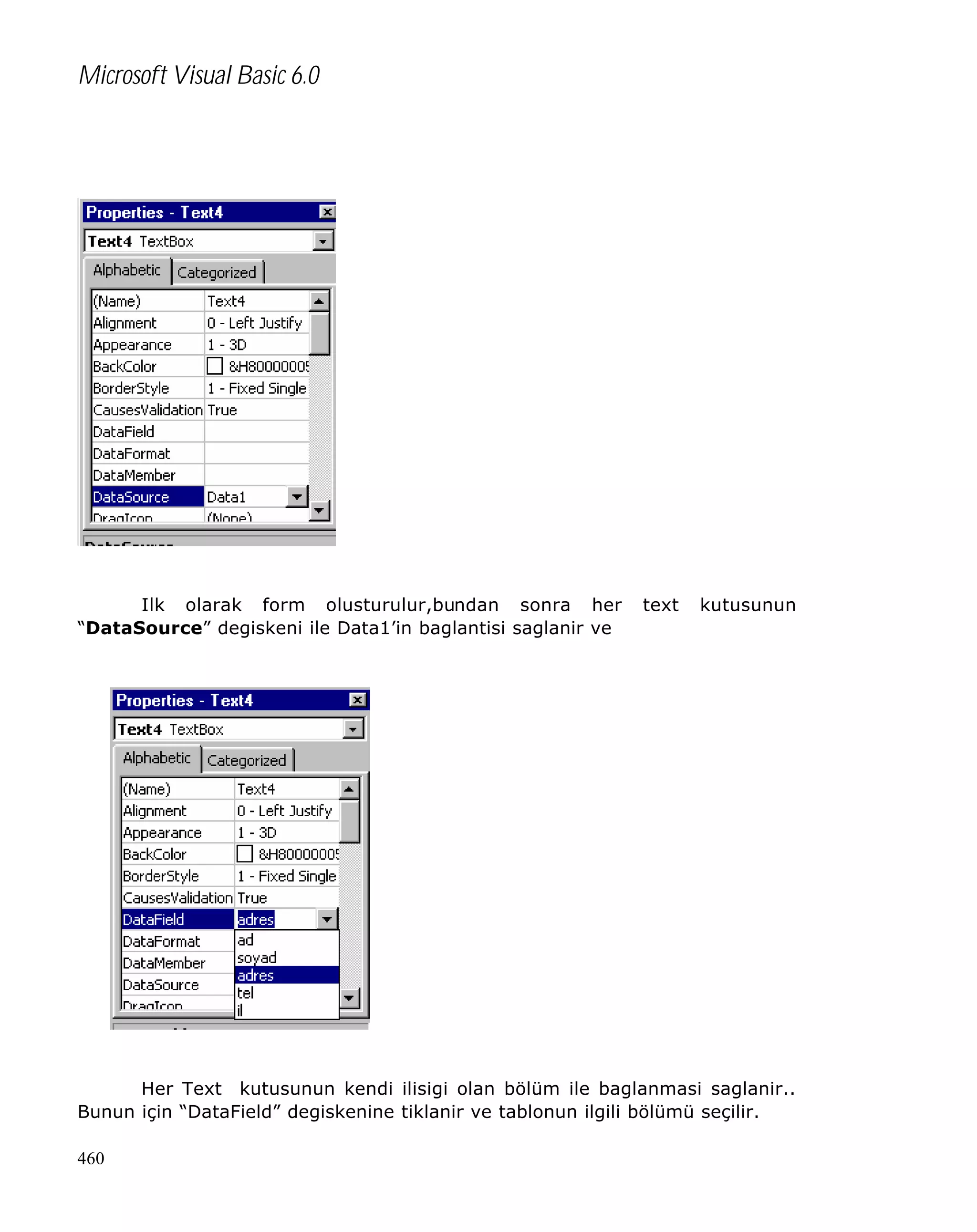 Microsoft Visual Basic 6.0

Ilk olarak form olusturulur,bundan sonra her
“DataSource” degiskeni ile Data1’in baglantisi saglanir ve

text

kutusunun

Her Text kutusunun kendi ilisigi olan bölüm ile baglanmasi saglanir..
Bunun için “DataField” degiskenine tiklanir ve tablonun ilgili bölümü seçilir.
460

 