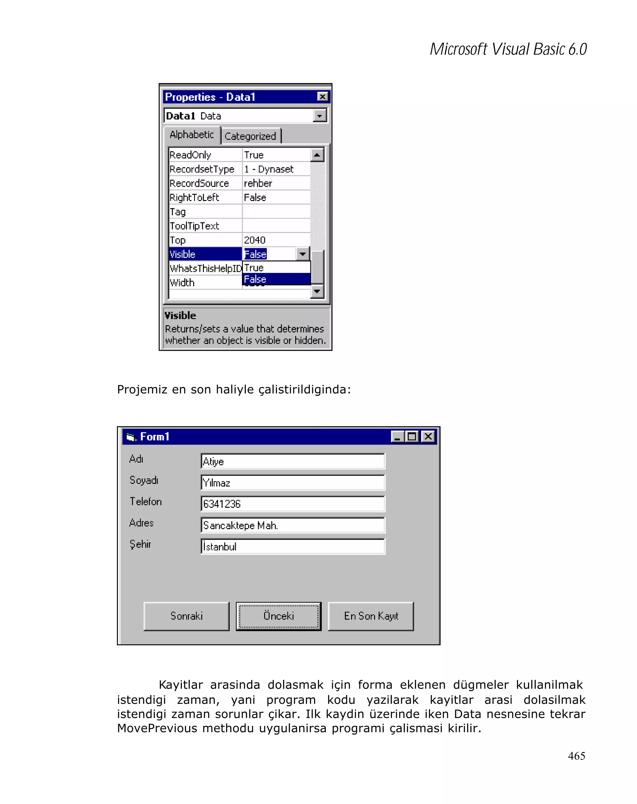 Microsoft Visual Basic 6.0

Projemiz en son haliyle çalistirildiginda:

Kayitlar arasinda dolasmak için forma eklenen dügmeler kullanilmak
istendigi zaman, yani program kodu yazilarak kayitlar arasi dolasilmak
istendigi zaman sorunlar çikar. Ilk kaydin üzerinde iken Data nesnesine tekrar
MovePrevious methodu uygulanirsa programi çalismasi kirilir.
465

 