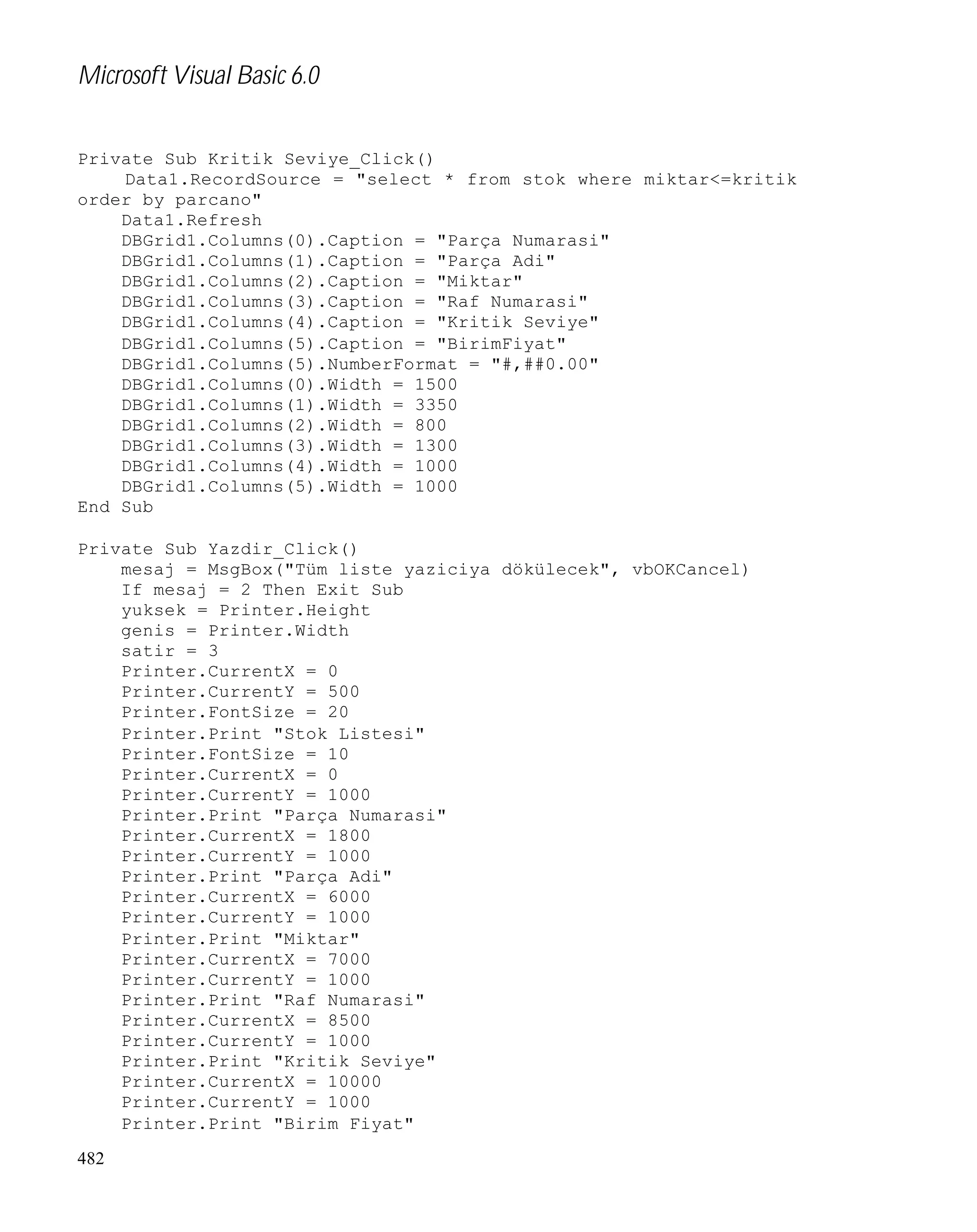 Microsoft Visual Basic 6.0
Private Sub Kritik Seviye_Click()
Data1.RecordSource = "select * from stok where miktar<=kritik
order by parcano"
Data1.Refresh
DBGrid1.Columns(0).Caption = "Parça Numarasi"
DBGrid1.Columns(1).Caption = "Parça Adi"
DBGrid1.Columns(2).Caption = "Miktar"
DBGrid1.Columns(3).Caption = "Raf Numarasi"
DBGrid1.Columns(4).Caption = "Kritik Seviye"
DBGrid1.Columns(5).Caption = "BirimFiyat"
DBGrid1.Columns(5).NumberFormat = "#,##0.00"
DBGrid1.Columns(0).Width = 1500
DBGrid1.Columns(1).Width = 3350
DBGrid1.Columns(2).Width = 800
DBGrid1.Columns(3).Width = 1300
DBGrid1.Columns(4).Width = 1000
DBGrid1.Columns(5).Width = 1000
End Sub
Private Sub Yazdir_Click()
mesaj = MsgBox("Tüm liste yaziciya dökülecek", vbOKCancel)
If mesaj = 2 Then Exit Sub
yuksek = Printer.Height
genis = Printer.Width
satir = 3
Printer.CurrentX = 0
Printer.CurrentY = 500
Printer.FontSize = 20
Printer.Print "Stok Listesi"
Printer.FontSize = 10
Printer.CurrentX = 0
Printer.CurrentY = 1000
Printer.Print "Parça Numarasi"
Printer.CurrentX = 1800
Printer.CurrentY = 1000
Printer.Print "Parça Adi"
Printer.CurrentX = 6000
Printer.CurrentY = 1000
Printer.Print "Miktar"
Printer.CurrentX = 7000
Printer.CurrentY = 1000
Printer.Print "Raf Numarasi"
Printer.CurrentX = 8500
Printer.CurrentY = 1000
Printer.Print "Kritik Seviye"
Printer.CurrentX = 10000
Printer.CurrentY = 1000
Printer.Print "Birim Fiyat"
482

 