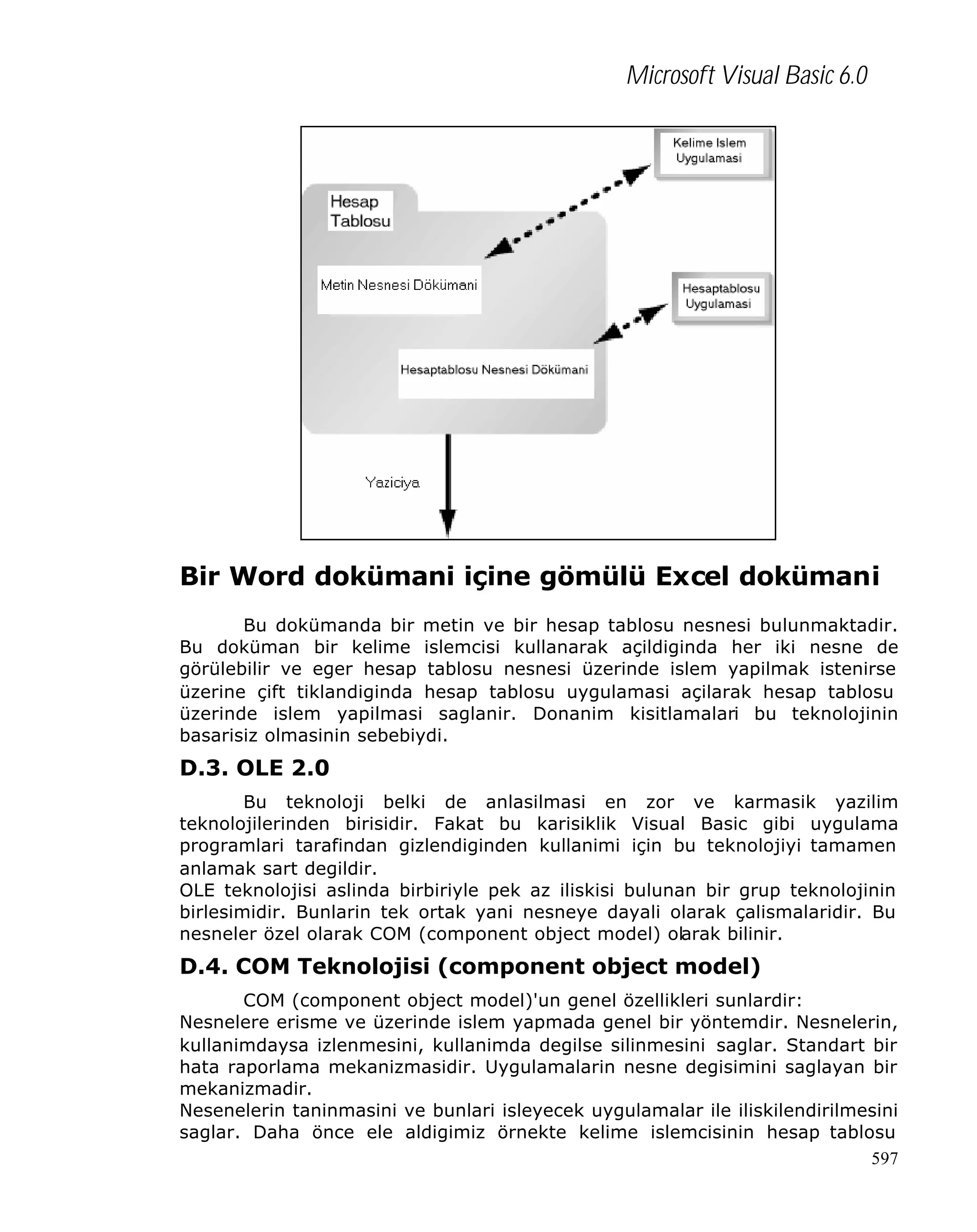 Microsoft Visual Basic 6.0

Bir Word dokümani içine gömülü Excel dokümani
Bu dokümanda bir metin ve bir hesap tablosu nesnesi bulunmaktadir.
Bu doküman bir kelime islemcisi kullanarak açildiginda her iki nesne de
görülebilir ve eger hesap tablosu nesnesi üzerinde islem yapilmak istenirse
üzerine çift tiklandiginda hesap tablosu uygulamasi açilarak hesap tablosu
üzerinde islem yapilmasi saglanir. Donanim kisitlamalari bu teknolojinin
basarisiz olmasinin sebebiydi.

D.3. OLE 2.0
Bu teknoloji belki de anlasilmasi en zor ve karmasik yazilim
teknolojilerinden birisidir. Fakat bu karisiklik Visual Basic gibi uygulama
programlari tarafindan gizlendiginden kullanimi için bu teknolojiyi tamamen
anlamak sart degildir.
OLE teknolojisi aslinda birbiriyle pek az iliskisi bulunan bir grup teknolojinin
birlesimidir. Bunlarin tek ortak yani nesneye dayali olarak çalismalaridir. Bu
nesneler özel olarak COM (component object model) olarak bilinir.

D.4. COM Teknolojisi (component object model)
COM (component object model)'un genel özellikleri sunlardir:
Nesnelere erisme ve üzerinde islem yapmada genel bir yöntemdir. Nesnelerin,
kullanimdaysa izlenmesini, kullanimda degilse silinmesini saglar. Standart bir
hata raporlama mekanizmasidir. Uygulamalarin nesne degisimini saglayan bir
mekanizmadir.
Nesenelerin taninmasini ve bunlari isleyecek uygulamalar ile iliskilendirilmesini
saglar. Daha önce ele aldigimiz örnekte kelime islemcisinin hesap tablosu
597

 