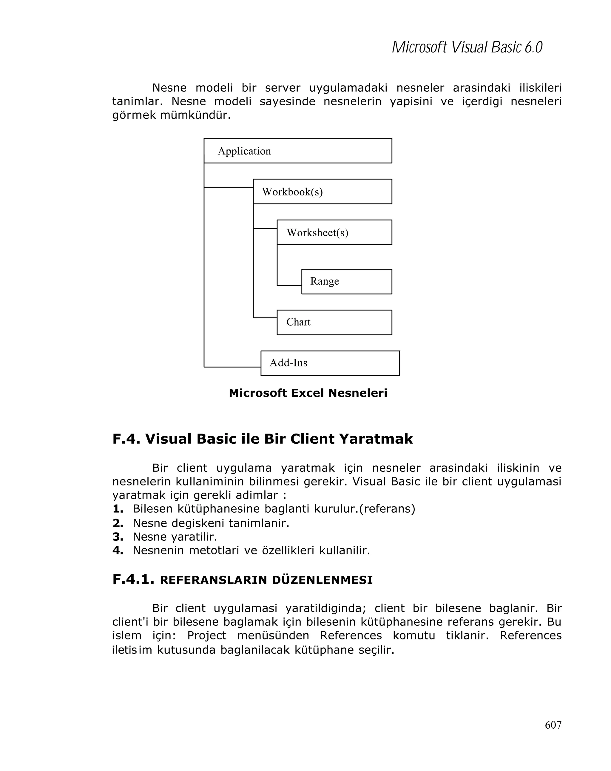 Microsoft Visual Basic 6.0
Nesne modeli bir server uygulamadaki nesneler arasindaki iliskileri
tanimlar. Nesne modeli sayesinde nesnelerin yapisini ve içerdigi nesneleri
görmek mümkündür.
Application

Workbook(s)

Worksheet(s)

Range

Chart

Add-Ins
Microsoft Excel Nesneleri

F.4. Visual Basic ile Bir Client Yaratmak
Bir client uygulama yaratmak için nesneler arasindaki iliskinin ve
nesnelerin kullaniminin bilinmesi gerekir. Visual Basic ile bir client uygulamasi
yaratmak için gerekli adimlar :
1. Bilesen kütüphanesine baglanti kurulur.(referans)
2. Nesne degiskeni tanimlanir.
3. Nesne yaratilir.
4. Nesnenin metotlari ve özellikleri kullanilir.

F.4.1. REFERANSLARIN DÜZENLENMESI
Bir client uygulamasi yaratildiginda; client bir bilesene baglanir. Bir
client'i bir bilesene baglamak için bilesenin kütüphanesine referans gerekir. Bu
islem için: Project menüsünden References komutu tiklanir. References
iletis im kutusunda baglanilacak kütüphane seçilir.

607

 