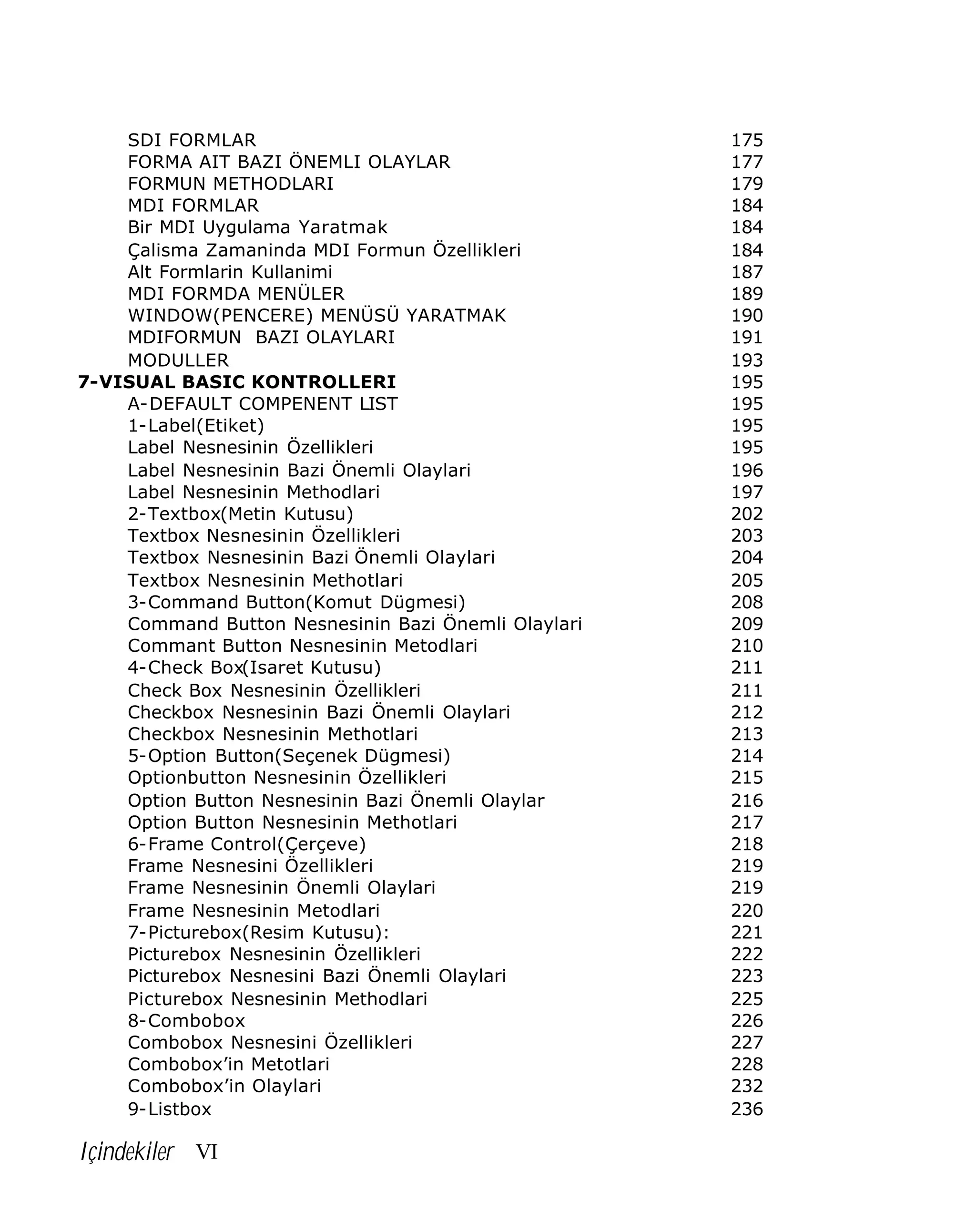SDI FORMLAR
FORMA AIT BAZI ÖNEMLI OLAYLAR
FORMUN METHODLARI
MDI FORMLAR
Bir MDI Uygulama Yaratmak
Çalisma Zamaninda MDI Formun Özellikleri
Alt Formlarin Kullanimi
MDI FORMDA MENÜLER
WINDOW(PENCERE) MENÜSÜ YARATMAK
MDIFORMUN BAZI OLAYLARI
MODULLER
7-VISUAL BASIC KONTROLLERI
A-DEFAULT COMPENENT LIST
1-Label(Etiket)
Label Nesnesinin Özellikleri
Label Nesnesinin Bazi Önemli Olaylari
Label Nesnesinin Methodlari
2-Textbox(Metin Kutusu)
Textbox Nesnesinin Özellikleri
Textbox Nesnesinin Bazi Önemli Olaylari
Textbox Nesnesinin Methotlari
3-Command Button(Komut Dügmesi)
Command Button Nesnesinin Bazi Önemli Olaylari
Commant Button Nesnesinin Metodlari
4-Check Box(Isaret Kutusu)
Check Box Nesnesinin Özellikleri
Checkbox Nesnesinin Bazi Önemli Olaylari
Checkbox Nesnesinin Methotlari
5-Option Button(Seçenek Dügmesi)
Optionbutton Nesnesinin Özellikleri
Option Button Nesnesinin Bazi Önemli Olaylar
Option Button Nesnesinin Methotlari
6-Frame Control(Çerçeve)
Frame Nesnesini Özellikleri
Frame Nesnesinin Önemli Olaylari
Frame Nesnesinin Metodlari
7-Picturebox(Resim Kutusu):
Picturebox Nesnesinin Özellikleri
Picturebox Nesnesini Bazi Önemli Olaylari
Picturebox Nesnesinin Methodlari
8-Combobox
Combobox Nesnesini Özellikleri
Combobox’in Metotlari
Combobox’in Olaylari
9-Listbox

Içindekiler VI

175
177
179
184
184
184
187
189
190
191
193
195
195
195
195
196
197
202
203
204
205
208
209
210
211
211
212
213
214
215
216
217
218
219
219
220
221
222
223
225
226
227
228
232
236

 
