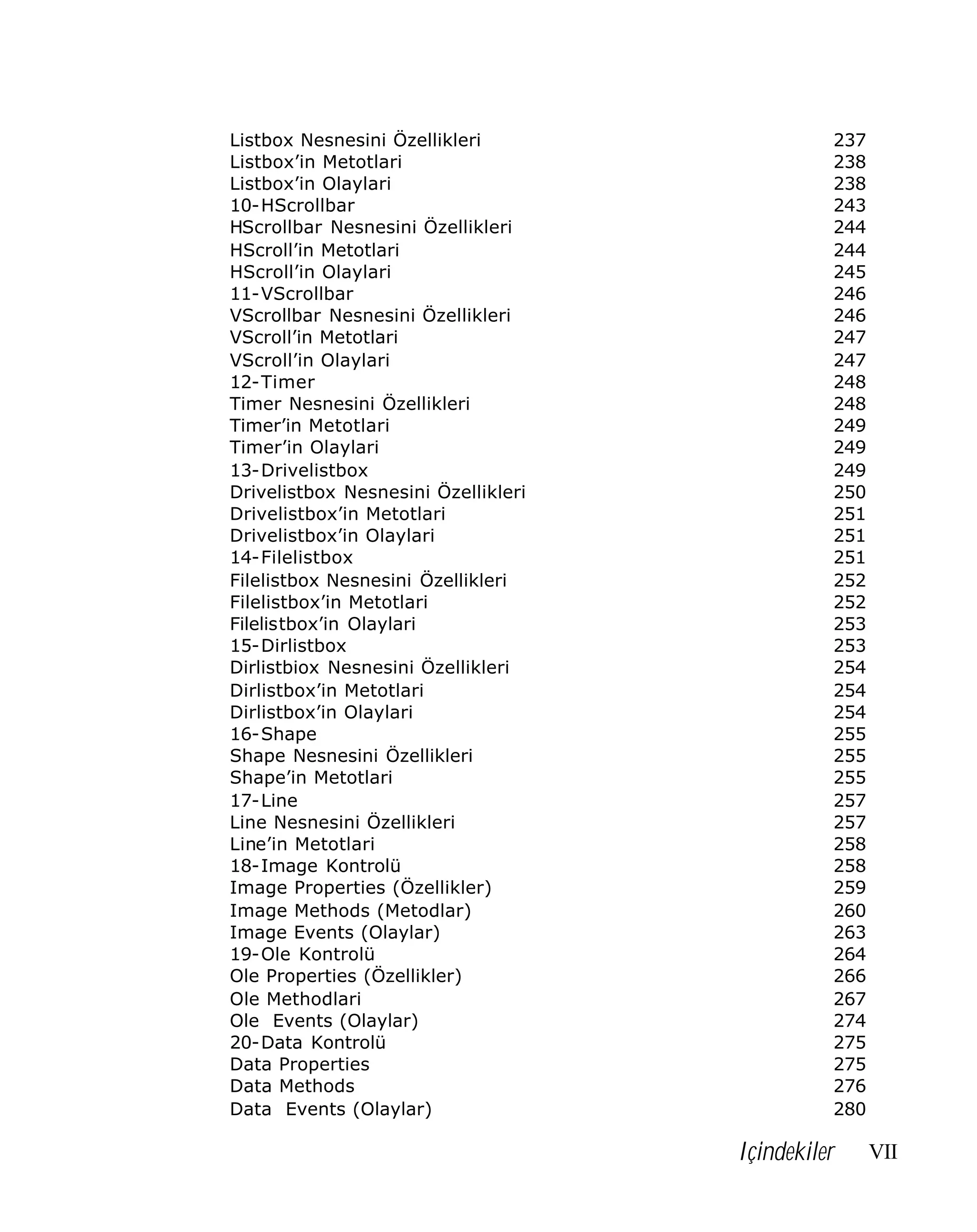 Listbox Nesnesini Özellikleri
Listbox’in Metotlari
Listbox’in Olaylari
10-HScrollbar
HScrollbar Nesnesini Özellikleri
HScroll’in Metotlari
HScroll’in Olaylari
11-VScrollbar
VScrollbar Nesnesini Özellikleri
VScroll’in Metotlari
VScroll’in Olaylari
12-Timer
Timer Nesnesini Özellikleri
Timer’in Metotlari
Timer’in Olaylari
13-Drivelistbox
Drivelistbox Nesnesini Özellikleri
Drivelistbox’in Metotlari
Drivelistbox’in Olaylari
14-Filelistbox
Filelistbox Nesnesini Özellikleri
Filelistbox’in Metotlari
Filelistbox’in Olaylari
15-Dirlistbox
Dirlistbiox Nesnesini Özellikleri
Dirlistbox’in Metotlari
Dirlistbox’in Olaylari
16-Shape
Shape Nesnesini Özellikleri
Shape’in Metotlari
17-Line
Line Nesnesini Özellikleri
Line’in Metotlari
18-Image Kontrolü
Image Properties (Özellikler)
Image Methods (Metodlar)
Image Events (Olaylar)
19-Ole Kontrolü
Ole Properties (Özellikler)
Ole Methodlari
Ole Events (Olaylar)
20-Data Kontrolü
Data Properties
Data Methods
Data Events (Olaylar)

237
238
238
243
244
244
245
246
246
247
247
248
248
249
249
249
250
251
251
251
252
252
253
253
254
254
254
255
255
255
257
257
258
258
259
260
263
264
266
267
274
275
275
276
280

Içindekiler

VII

 