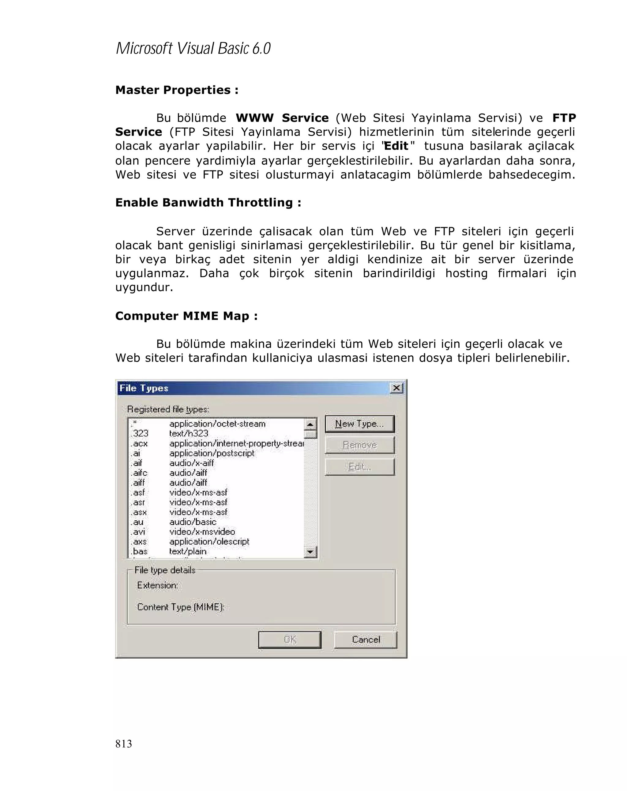 Microsoft Visual Basic 6.0
Master Properties :
Bu bölümde WWW Service (Web Sitesi Yayinlama Servisi) ve FTP
Service (FTP Sitesi Yayinlama Servisi) hizmetlerinin tüm sitelerinde geçerli
olacak ayarlar yapilabilir. Her bir servis içi "
Edit " tusuna basilarak açilacak
olan pencere yardimiyla ayarlar gerçeklestirilebilir. Bu ayarlardan daha sonra,
Web sitesi ve FTP sitesi olusturmayi anlatacagim bölümlerde bahsedecegim.
Enable Banwidth Throttling :
Server üzerinde çalisacak olan tüm Web ve FTP siteleri için geçerli
olacak bant genisligi sinirlamasi gerçeklestirilebilir. Bu tür genel bir kisitlama,
bir veya birkaç adet sitenin yer aldigi kendinize ait bir server üzerinde
uygulanmaz. Daha çok birçok sitenin barindirildigi hosting firmalari için
uygundur.
Computer MIME Map :
Bu bölümde makina üzerindeki tüm Web siteleri için geçerli olacak ve
Web siteleri tarafindan kullaniciya ulasmasi istenen dosya tipleri belirlenebilir.

813

 