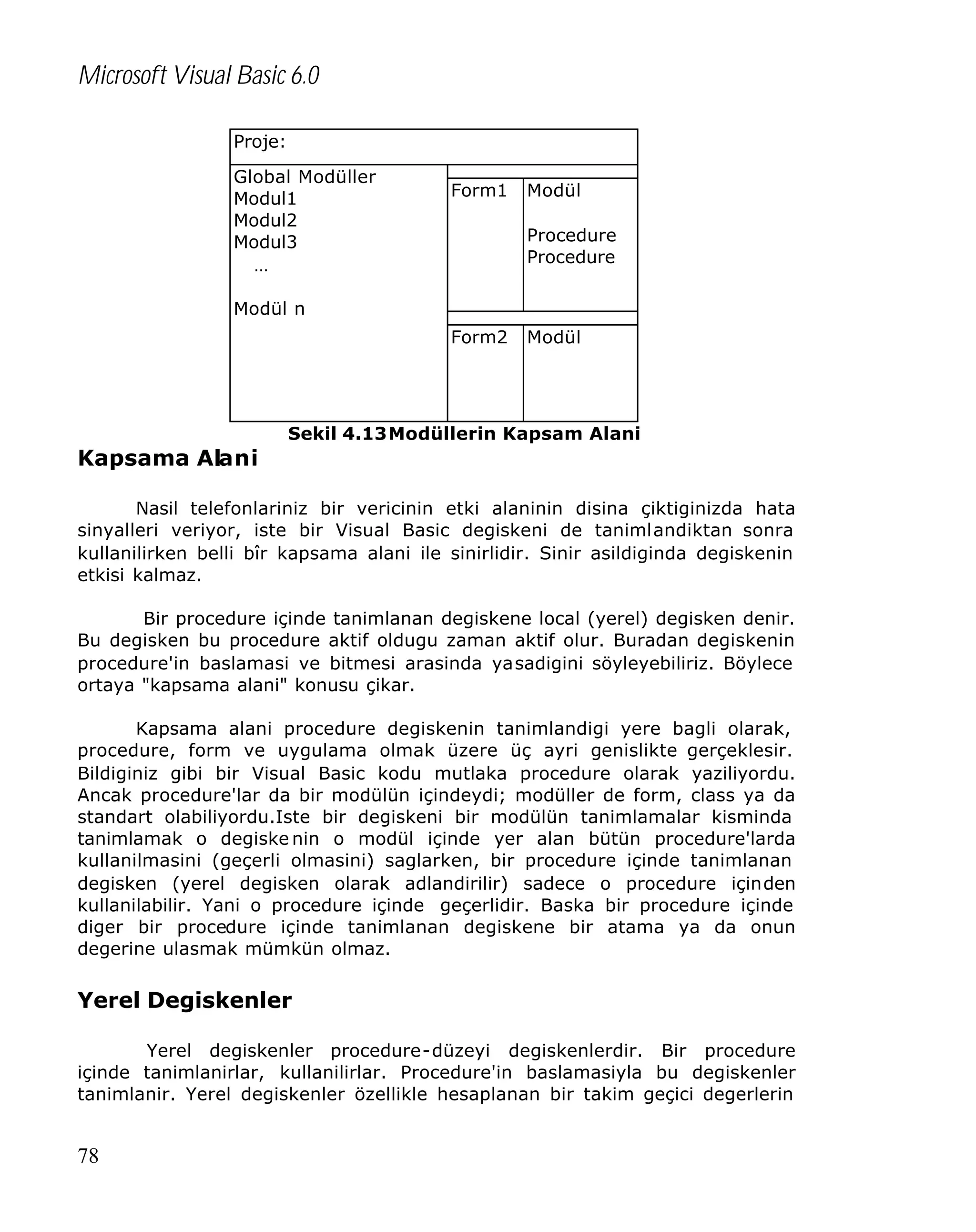 Microsoft Visual Basic 6.0
Proje:
Global Modüller
Modul1
Modul2
Modul3
…

Form1

Modül
Procedure
Procedure

Modül n
Form2

Modül

Sekil 4.13Modüllerin Kapsam Alani

Kapsama Alani
Nasil telefonlariniz bir vericinin etki alaninin disina çiktiginizda hata
sinyalleri veriyor, iste bir Visual Basic degiskeni de tanimlandiktan sonra
kullanilirken belli bîr kapsama alani ile sinirlidir. Sinir asildiginda degiskenin
etkisi kalmaz.
Bir procedure içinde tanimlanan degiskene local (yerel) degisken denir.
Bu degisken bu procedure aktif oldugu zaman aktif olur. Buradan degiskenin
procedure'in baslamasi ve bitmesi arasinda yasadigini söyleyebiliriz. Böylece
ortaya "kapsama alani" konusu çikar.
Kapsama alani procedure degiskenin tanimlandigi yere bagli olarak,
procedure, form ve uygulama olmak üzere üç ayri genislikte gerçeklesir.
Bildiginiz gibi bir Visual Basic kodu mutlaka procedure olarak yaziliyordu.
Ancak procedure'lar da bir modülün içindeydi; modüller de form, class ya da
standart olabiliyordu.Iste bir degiskeni bir modülün tanimlamalar kisminda
tanimlamak o degiske nin o modül içinde yer alan bütün procedure'larda
kullanilmasini (geçerli olmasini) saglarken, bir procedure içinde tanimlanan
degisken (yerel degisken olarak adlandirilir) sadece o procedure içinden
kullanilabilir. Yani o procedure içinde geçerlidir. Baska bir procedure içinde
diger bir procedure içinde tanimlanan degiskene bir atama ya da onun
degerine ulasmak mümkün olmaz.

Yerel Degiskenler
Yerel degiskenler procedure-düzeyi degiskenlerdir. Bir procedure
içinde tanimlanirlar, kullanilirlar. Procedure'in baslamasiyla bu degiskenler
tanimlanir. Yerel degiskenler özellikle hesaplanan bir takim geçici degerlerin

78

 