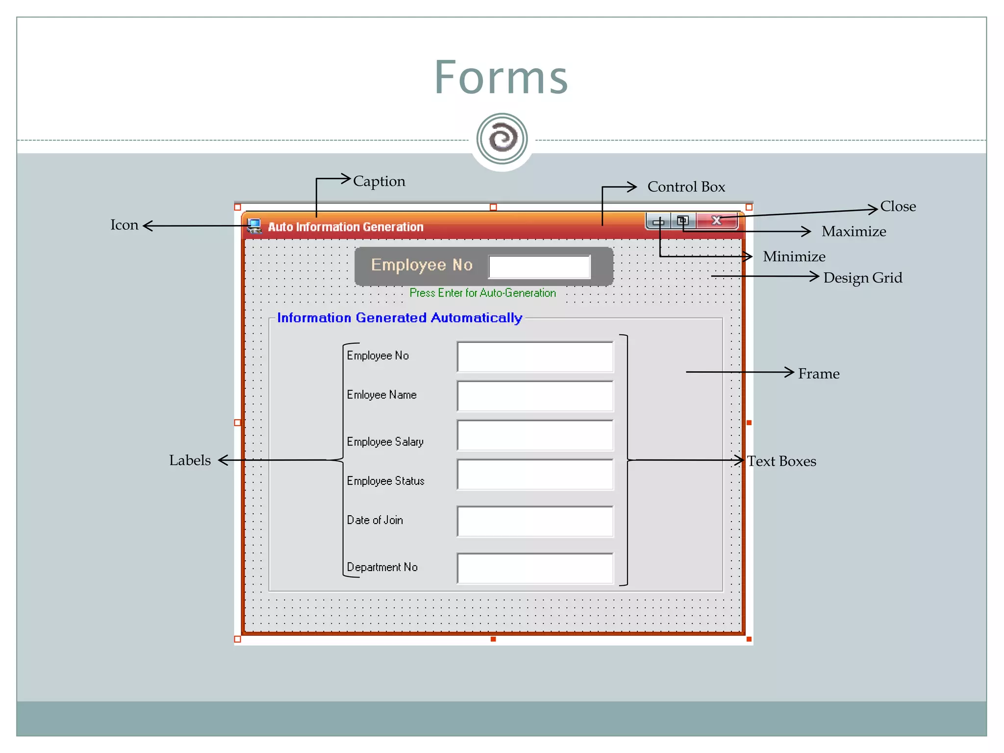 Forms
Design Grid
Control BoxCaption
Icon
Labels
Frame
Text Boxes
Minimize
Maximize
Close
 