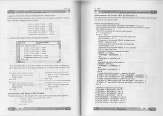^ f | ¡ | | | » VISUAL BASIC como debe ser... 
Luego escriba dentro del procedimiento las instrucciones. 
Estas instrucciones permiten seleccionar todo un registro cuando el usuario 
hace click en cualquiera de las listas. 
L i s t l . L i s t l n d e x = NUM 
L i s t 2 . L i s t l n d e x = NUM 
L i s t 3 . L i s t l n d e x = NUM 
L i s t 4 . L i s t l n d e x = NUM 
Com m and3. E n a b l e d = T r u e 
C om m and4. E n a b l e d = T r u e 
La ventana de código tendrá el siguiente aspecto: 
(General) -*• SELECCIONA zl 
Suta SELECCIONA() 
List1.L istIndex = NUM i List2.Listlndex = NUM 
List3 . Listlndex = NU11 
List4.Listlndex = NUM 
Conmand3.Enabled = True 
Command4.Enabled = True 
End Sub kh j l L! 
Este procedimiento es invocado cuando el usuario hace click en cualquiera 
de la lista, para ello se tiene que programar en el evento Click de cada Lista. 
P r í v a t e S u b L i s t l _ C l i c k () 
NUM = L i s t l . L i s t l n d e x 
SELECCIONA 
E n d S u b 
P r í v a t e S u b L i s t 2 _ C l i c k () 
NUM = L i s t 2 . L i s t l n d e x 
SELECCIONA 
E n d S u b 
P r í v a t e S u b L i s t 3 _ C l i c k () 
NUM = L i s t 3 . L i s t l n d e x 
SELECCIONA 
E n d S u b 
P r í v a t e S u b L i s t 4 _ C l i c k ( ) 
NUM = L i s t 4 . L i s t l n d e x 
SELECCIONA 
E n d S u b 
Instrucciones del Botón ADICIONAR. 
Permiten mostrar el formulario N° 1 para poder adicionar más registros. 
P r í v a t e S u b C o m m a n d l _ C l i c k () 
F o r m l . S h o w 
F o r m 2 . H i d e 
E n d S u b 
2 8 6 G r u p o E d it o r ia l Megabyte^ m 
CAPÍTULO VI: Manejo de Varios Formularios 
Instrucciones del Botón VER ESTADISTICA. 
Permiten pasar al Formulario N° 3 para visualizar la estadística de los regis­tros 
que se van adicionando. 
Prívate Sub Command2_Click() 
Dim N, EDAD, MAYORES, MENORES, HOMBRES As Inte ge r 
Dim MUJERES,HOMMAY, HOMMEN, MUJMAY, MUJMENAs Integer 
Dim SEXO Aó' String * 1 
‘Cuenta la cantidad de registros adicionados. 
N = Listl.ListCount 
For X = 1 ToN 
‘Activa en forma secuencial una edad ingresada. 
List2. Listlndex = X - 1 
‘Almacena en la variable EDAD, la edad activa. 
EDAD = Val(List2.Text) 
‘Activa en forma secuencial un sexo ingresado. 
List4. Listlndex - X - 1 
‘Almacena en la variable SEXO, el sexo activado. 
SEXO - Trim( List4. Text) 
‘Cuenta los mayores y menores de edad. 
IfEDAD > = 18 Then 
MAYORES = MAYORES + 1 
Else 
MENORES = MENORES + 1 
E n dlf 
‘Cuenta los hombres y las mujeres. 
IfSEXO = "M" Then 
HOMBRES = HOMBRES + 1 
Else 
MUJERES = MUJERES + 1 
E n dlf 
‘Cuenta los hombres mayores y menores de edad. 
IfSEXO="M"AndEDAD>=18 Then HOMMAY = HOMMAY + 1 
IfSEXO- "M " And EDAD< 18 Then HOMMEN = HOMMEN + 1 
‘Cuenta las mujeres mayores y menores de edad. 
IfSEXO= "F" And EDAD>=18 Then MUJMAY - MUJMAY + 1 
IfSEXO= "F" And EDAD<18 Then MUJMEN = MUJMEN + 1 
NextX 
‘Obtiene los respectivos porcentajes. 
PORCMAY = MAYORES * 100/ N 
PORCMEN = MENORES * 100/ N 
PORCHOM = HOMBRES * 100/N 
PORCMUJ = MUJERES * 1 0 0 /N 
PORCHOMMAY = HOMMAY * 1 0 0/N 
PORCHOMMEN = HOMMEN * 1 0 0 /N 
PORCMUJMAY = MUJMAY * 1 0 0 /N 
PORCMUJMEN = MUJMEN * 1 0 0 /N 
G r u p o E d it o r ia l Megabyte 2 8 7 
 
