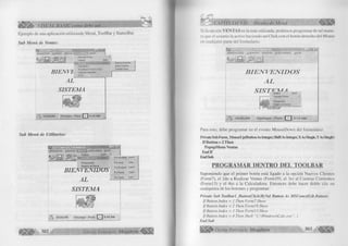 VISUAL BASIC como debe ser... «il 
Ejemplo de una aplicación utilizando Menú, ToolBar y StatusBar. 
Sub M enú de Ventas: 
BIENVE 
Calculadora 
Actualizar la Fecha y Hora 
Copia de Seguridad 
D.Û.S. 
AL 
SISTEMA 
2 9 / 0 5 / 9 9 C h ic la y o - P e r ú  ' I 6 :4 4 A M 
Nuevos Usuarios 
Borrar Usuarios 
Cambiar Clave 
Sub M enú de Utilitarios: 
PRODUCTOS CUENTES UTILITARIOS SALIR 
Realizar Ctil+R I 
m ili 1,1') 'U .’I.IMUMMWI 
Presupuestos 
Registro de Ventas 
AL 
SISTEMA 
Por Vendedor Qrl+V 
Por Linea Ctrl+L 
Por Producto Ctrl+P 
Por Fecha Ctil+F 
Por T urno Ctrl+T 
A . 2 9 / 0 5 / 9 9 C h ic la y o - P e r ú 6 :4 4 A M 
3 0 2 G r u p o E d it o r ia l Megabyte 
.^ .5 CAPÍTULO VII: Diseño de Menú < € ¡¡¡¡1 
Si la opción VENTAS es la más utilizada, podemos programar de tal mane­ra 
que el usuario la active haciendo un Click con el botón derecho del Mouse 
en cualquier parte del formulario. 
P R O D U C T O S C L I E N T E S V E N T A S U T I L I T A R I O S S A L I R M W a 
BIENVENIDOS 
AL 
S I S T E M I Realizar Qrl+R 
------------- Consultar Ventas ► 
Presupuestos 
Registro de Ventas 
f  2 9 / 0 5 / 9 9 C h i c l a y o - P e r ú Í > 1 3:1 4 A M 
...... » 
Para esto, debe programar en el evento MouseDown del formulario: 
Private Sub FonnMouseUp(Button As Integer, Shift As Integer, X As Single, Y As Single) 
If Button = 2 Then 
PopupMenu Ventas 
End If 
End Sub 
PROGRAMAR DENTRO DEL TOOLBAR 
Suponiendo que el primer botón está ligado a la opción Nuevos Clientes 
(Form7), el 2do a Realizar Ventas (Form 19), el 3ro al Cuentas Corrientes 
(Form 13) y el 4to a la Calculadora. Entonces debe hacer doble clic en 
cualquiera de los botones y programar: 
Private Sub Toolbarl JButtonClick(ByVal Button As MSComctlLib.Button) 
If Button.Index = 1 Then Form7.Show 
If Button. Index = 2 Then Forml9.Show 
If Button.Index = 3 Then Forml3.Show 
If Button.Index = 4 Then Shell “C:WindowsCalc.exe", 1 
End Sub 
¡ ||¡ |j ¡ ^ G r u p o E d i t o r i a l Megabyte 3 0 3 ^ § ¡ |¡ ||l 
 