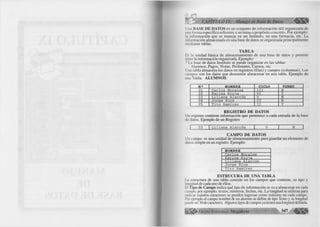 I Ina BASE DE DATOS es un conjunto de inform a ción ú til organizada de 
iiiki form a específica referente a un tema o propósito concreto. Por ejem plo: 
l.i inform ación que se maneja en un In stitu to, en una farm acia, etc. La 
11111 il inación almacenada en una base de datos se organizada principalm ente 
mediante tablas. 
TABLA 
I la unidad básica de alm acenam iento de una base de datos y perm ite 
tener la inform ación organizada. Ejem plo: 
I a base de datos Institu to se puede organizar en las tablas: 
A lum nos, Pagos, Notas, Profesores, Cursos, etc. 
t Ina tabla almacena los datos en registros (fila s ) y campos (colum nas). Los 
■ impos son los datos que deseamos alm acenar en una tabla. E je m p lo de 
una Tabla: ALUMNOS. 
N 2 NOMBRE CICLO TURNO 
01 Cdll idles :: ,: M 
'2 Karina Rioia v _______ T 
03 Liliana Alarcón V M 04 Jorqe Ríos IV N 
05 Tito Ramírez II T 
REGISTRO DE DATOS 
11ii registro contiene in fo rm a ció n que pertenece a cada entrada de la base 
<lo datos. E jem plo de un R egistro 
1 03 | Liliana Alarcón 1 V 1 M ~ 
CAMPO DE DATOS 
l iii campo es una unidad de alm acenam iento para guardar un elem ento de 
«latos sim ple en un registro. Ejem plo: 
NOMBRE____________ 
Carlos Morales 
Karina Rio-ja___ 
Liliana Alarcón 
Jorge Ríos_____ 
Tito Ramírez 
ESTRUCURA DE UNA TABLA 
I i estructura de una tabla consiste en los campos que contiene, su tipo y 
l< ilicitu d de cada uno de ellos. 
I I Tipo de Campo indica qué tipo de inform ación se va a almacenar en cada 
■ impo, por ejemplo: textos, números, fechas, etc. La longitud se utilizan para 
indicar cuántos caracteres se pueden ingresar como m áxim o en cada campo. 
IN ti ejemplo el campo nombre de un alumno se define de tipo Texto y su longitud 
I m i. ■< le ser 30 de caracteres. Algunos tipos de campos ya tienen una longitud definida. 
G r u p o E d it o r ia l Megabyte 347 
 