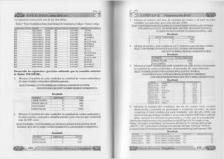 VISUAL BASIC como debe ser... 
L a siguiente instrucción une de las dos tablas: 
Select * From Vendedores Inner Join Ventas On Vendedores.Codigo= Ventas.Codigo 
VENDED0RES.C0DIG0 1 NOMBRE 1 TELEFONO |VENTAS.C0DIG0| FE CHAVEN TA MONTOlDISTRITOVENTA | 
001 JULIO DAVILA 232426 001 03-01-2000 50ETEN 
001 JULIO DAVILA 232426 001 10-02-2000 50 J.L.O. 
001 JULIO DAVILA 232426 001 22-02-2000 600 TUMAN 
002 TERESA U6ILLUS 362166 002 05-02-2000 50 POMALCA 
002 TERESA UBILLUS 362166 002 06-01-2000 100 J.L.O. 
002 TERESA UBILLUS 362166 002 25-12-1999 250 LA VICTORIA 
002 TERESA UBILLUS 362166 002 02-02-2000 100 POMALCA 
002 TERESA UBILLUS 362166 002 22-10-1999 100 POMALCA 
004 JORGE CASTRO 201665 004 22-10-1999 100 J.L.O. 
004 JORGE CASTRO 201665 004 22-10-1999 20 J.L.O. 
004 JORGE CASTRO 201665 004 15-02-2000 200 LA VICTORIA 
004 JORGE CASTRO 201665 004 22-10-1999 60 MONSEFU 
004 JORGE CASTRO 201665 004 22-10-1999 200 LA VICTORIA 
005 DANTE MILLAN 666364 005 22-10-1999 250 REQUE 
005 DANTE MILLAN 666364 005 06-01-2000 600 REQUE 
005 DANTE MILLAN 666364 005 04-01-2000 150 POMALCA 
005 DANTE MILLAN 666364 005 01-02-2000 200 MONSEFU 
Desarrolle los siguientes ejercicios sabiendo que la consulta anterior 
se llama INFORME. 
1. M ostra r el nom bre de cada vendedor, la cantidad de ventas realizadas y 
el total vendido ordenados alfabéticam ente. 
SFli3Crl’N(3MBRfiCDUNT(NOMBRE)ASCANTTDAD,SUMfMON'ID)AS'IürALJ 
F R O M I N F O R M E G R O U P B Y N O M B R E O R D E R B Y SUM(MONTO) 
Resultado 
NOMBRE 1 CANTIDAD TOTALI 
JORGE CA5TRO „5 580 
TERESA UBILLU5 5 600; 
JULIO DAVILA 3 700 
DANTE MILLAN 4 1200 
2. M ostra r el nom bre de cada vendedor, la cantidad de ventas realizadas y 
el total vendido, ordenados alfabéticam ente, pero sólo los que vendieron 
más de 650 soles. 
SELECTNOMBRECOUNT(NOMBRE)ASCANTIDAD,SUM(MONTO)ASTOTALFROM 
INFORME G R O U P B Y N O M B R E HAVINGSUM(MONTO)>650ORDERBYSUM(MONTO) 
Resultado 
NOMBRE CANTIDAD 1 TOTAL! 
JULIO DAVILA 3 700 
DANTE MILLAN 4 1200 
434 G r u p o E d it o r i a l Megabyte 
CAPÍTULO X: Programación DAO 
3. M ostrar el número del mes, la cantidad de ventas y el total en soles 
vendidos en cada mes, pero sólo del año 2000. 
SEI^iCTMONIH(FECHAVENTA)ASMES,aDUNT(MONTH(FECmVENrrA))ASCANTIDAD, 
S U M (MONTO) AS TOTAL F R O M INFORME GROUPBYMONTH(FECHAVENTA), 
YEAR(FECHAVENTA)HAVINGYEAR(FECHAVENTA)=2(XX) 
Resultado 
MES CANTIDAD 1 TOTALI 
1 4 900 
2 6 1200; 
4. Mostrar el nombre y total vendido de los 2 vendedores que más han vendido. 
SEUEOTOPNOMBRESUM(MONTO)AS[TOIALVENDIDO] FROM INFORME 
G R O U P B Y N O M B R E O R D E R B Y SUM(MONTO)DE¡SC 
Resultado 
NOMBRE TOTAL VENDIDO 1 
DANTE MILLAN 1200 
5. 
JULIO DAVILA 700 
M ostrar el totar vendido p o r cada vendedor en cada d istrito incluyendo 
la cantidad de ventas realizadas y el prom edio de venta obtenido. 
SELECTNOMBREDISrRITOVENIA3UM(MONTO)AS [TUIALVIÍNDIDO], 
COUNT(MONTO)ASCANT[DAD,FORMAr(AVG(MONTO),"###,##0.00") 
ASPROMEDIOFROMINFORMEGROUPBYNOMBREJDISTRITOVENTA 
Resultado 
NOMBRE IDISTRITOVENTA TOTALVENDIDOl CANTIDAD 1 PROMEDIO 
► DANTE MILLAN MONSEFU 2 0 0 ] 1 200.00 
DANTE MILLAN POMALCA Í5 0 ¡ 1 150.00 
DANTE MILLAN REQUE 850 2 425.00 
JO RGE C A S TR O J .L .O . 120 2 60.00 
JO RGE C A 5 TR O L A VICTO R IA 400 2 200.00 
JO RGE CA S TR O MONSEFU 60 1 60.00 
JU LIO DAVILA ETEN 50 ; 1 50.00 
JU LIO DAVILA J .L .O . 50 1 50.00 
JU L IO DAVILA TUMAN 600 1 600.00 
TERESA UBILLUS J .L .O . 100 1 100.00 
TERESA UBILLUS LA VICTO R IA 250 1 250.00 
TERESA UBILLUS POMALCA 250 3 83.33 
6 . M o stra r el nom bre del vendedor, año de las ventas, to ta l vendido 
observación, co m isión en porcentaje y com isión en soles. Se debe 
visualizar el total vendido por cada vendedor sólo del año 2000, una 
observación que indique cum plió o no la venta m ínim a (650 soles), además 
debe, m ostrar la com isión en porcentaje y e soles que le corresponde. 
SelectNombre, Year(Fechaventa)As Año,Sum(Monlo)AsTotal,lifiTotal <650,"NoCumplio La Venia 
Minima'V’SiCumplió La Venta Minima") As Observación, Iif(Total<650,"0%"Jit(Total>=650AndTota! 
<800,"5%","10^ "))As[ComLsion %!Jif(TotaI>=652AndTotal<800,Total*5/100,Total *l(V100)As 
[ComisionEn Soles] FromInfoimeGroupByNombre,YeaitFechaventa)HavingYear(Fechaventa)=2000 
Resultado 
NOMBRE 1 AÑOl TOTALl OBSERVACION 1 COMISION X 1 COMISION EN SOLES 
DANTE MILLAN 2000 950 SI CUMPLIO LA VENTA MINIMA 10% 95 
JORGE CASTRO 2000 200 NO CUMPLIO LA VENTA MINIMA 0% 20 
JULIO DAVILA 2000 700 SI CUMPLIO LA VENTA MINIMA 5% 35 
TERESA UBILLUS 2000 250 NO CUMPLIO LA VENTA MINIMA 0% 25 
§ |§ |^ G r u p o E d it o r ia l Megabyte 435 
 