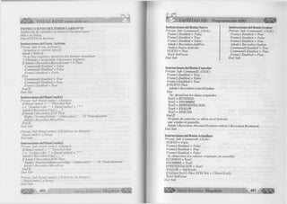 J1¡1IÉ I> VISUAL BASIC como debe ser... 
INSTRUCCIONES DEL FORMULARIO N"03 
Definición de variables en General Declaraciones 
Dim r As String 
Dim NUEVO As Boolean 
Instrucciones del Form_Activate 
Prívate Sub Form_Activate() 
‘Actualiza el control Adocdl 
A dodcl.Refresh 
‘Si no hay registros, desactiva los botones Actualizar 
‘y Eliminar y no permite seleccionar registros. 
If Adodcl. Recordset.RecordCount = 0 Then 
Command4. Enabled - False 
Commands.Enabled = False 
Framel. Enabled = False 
Else 
Command4. Enabled = True 
Commands .Enabled = True 
Framel.Enabled = True 
End If 
End Sub 
Instrucciones del DataCombol 
Private Sub DataCombol_Change() 
If DataCombol = Then Exit Sub 
r = “Nombre Like + DataCombol + 
Adodcl.Recordset.Find r ,,, 1 
If Adodcl .Recordset.EOF Then 
MsgBox “No existe el Articulo “+DataCombol + ”,16,"Puede adiciomrlo" 
A dodcl. Recordset. Move First 
End If 
End Sub 
Private Sub DataCombol_Click(Area As' Integer) 
DataCombol jChange 
End Sub 
Instrucciones del DataCombo2 
Private Sub DataCombo2_Change() 
If DataCombo2 - “ ” Then Exit Sub 
r - “Codigo Like + DataCombol + 
Adodcl .Recordset.Find r, , , 1 
If Adodcl.Recordset.EOF Then 
MsgBox “NoexisteelArticuloconelcódigo “ + DataCombo2 + ”, 16, “Puedeadiciomrlo 
Adodcl. Recordset. MoveFirst 
End If 
End Sub 
Private Sub DataCombo2_Click(Area As Integer) 
DataCombo2 JChange 
End Sub 
G r u p 4 8 0 o E d it o r ia l Megabyte 
CAPÍTULO XII: Programación ADO A 
Instrucciones del Botón Nuevo 
Private Sub Command3_Click() 
Frame ¡.Enabled = False 
Frame2. Enabled = True 
Frame 3. Enabled = False 
Adodcl.Recordset. AddNew 
‘Indica Nuevo Artículo 
NUEVO = True 
Textl .SetFocus 
End Sub 
Instrucciones del Botón Grabar 
Private Sub Command I _Click() 
Frame 1 .Enabled = True 
Frame 2. Enabled = False 
Frame 3. Enabled = True 
Adodcl.Recordset. Update 
Command4. Enabled - True 
Commands.Enabled = True 
Framel.Enabled = True 
End Sub 
Instrucciones del Botón Cancelar 
Private Sub Command2_Click() 
Frame ¡.Enabled = True 
Frame 2. Enabled = False 
Frame 3.Enabled = True 
If NUEVO Then 
Adodcl.Recordset. CancelUpdate 
Else 
‘Se devuelven los datos originales 
Textl = XCODIGO 
Text2 = XNOMBRE 
Text3 = XPRESENTACION 
Text4 = XVALOR 
TextS = XFECHA 
End If 
‘Después de cancelar se ubica en el Artículo 
‘que estaba en pantalla. 
Adodcl .Recordset. AbsolutePosition=Adodcl .Recordset.Bookmark 
End Sub 
Instrucciones del Botón Actualizar 
Prívate Sub Command4_Click() 
NUEVO = False 
Framel.Enabled = False 
Frame2. Enabled = True 
Frame 3. Enabled = False 
‘Se almacenan los valores originales en variables 
XCODIGO = Textl 
XNOMBRE = Text2 
XPRESENTACION = Text3 
XVALOR = Val(Text4) 
If IsDate(TextS) Then XFECHA = CDate(TextS) 
Textl.SetFocus 
End Sub 
§ | | | ^ G r u p o E d i t o r i a l Megabyte 481 
 