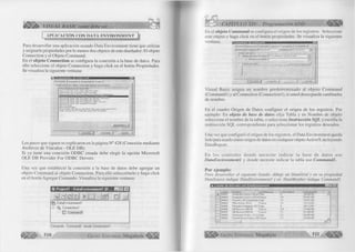 o 
WÆii Ufo VISUAL BASIC como debe ser... 
A P L I C A C I O N C O N D A T A E N V I R O N M E N T 
Para desarrollar una aplicación usando Data Environment tiene que utilizar 
y asignarle propiedades por lo menos dos objetos de este diseñador: El objeto 
Connection y el Objeto Command. 
En el objeto Connection se configura la conexión a la base de datos. Para 
ello seleccione el objeto Connection y haga click en el botón Propiedades. 
Se visualiza la siguiente ventana: 
L-m-.'-n !-¡ ¡» -.'í-rriss» »— — 
Proveedoi J Conexión } Avanmdn ) 1 odoi | 
Seteccions los dato« a Io í que des«»« c o n « e l*te 
Proveedor(esJ de OLE OB 
Microsoft Jet 3.Q1 OLE OB Provider 
Microsoft Jet 4,0 OLE OB Provider 
Microsoft OLE DB Ptovidai foi Internet Publbhhw 
Microsoft OLE DB Piovidor foi OLAP Scivicoi 
Microsoft OLE OB Provider for Oracle 
Microsoft OLE DB Provider for SQL Sorvcr 
Microsoft OLE OB Simple Provider 
MS Remoto 
M S D ataS liape 
Proveedor de Microsoft OLE DB para paquete-; DTS 
SOL Server DTS Fiat File OLE DB Provide. 
Siguiente > > ) 
[ Aceptar | Cancelar | Ayuda 
Los pasos que siguen se explicaron en la página N° 428 (Conexión mediante 
Archivos de Vínculos - OLE DB). 
Si ya tiene una conexión ODBC creada debe elegir la opción Microsoft 
OLE DB Provider For ODBC Drivers. 
Una vez que estableció la conexión a la base de datos debe agregar un 
objeto Command al objeto Connection. Para ello selecciónelo y haga click 
en el botón Agregar Comando. Visualiza la siguiente ventana: 
§g¡¡ Project! - DataEnvironmentl (D... H0E3| 
' ! □ ! I n f i n | u 1 
llü DataEnvironmentl 
- 3? Connectionl 
0 Cornmandl 
Comando: Cornmandl desde Connectionl 
510 G r u p o E d i t o r i a l Megabyte *^§§1111 
CAPÍTULO XII: Programación ADO 
En el objeto Command se configura el origen de los registros. Seleccione 
este objeto y haga click en el botón propiedades. Se visualiza la siguiente 
ventana. G r a x s s i a s m m e e e e e e e e e e e e e e e e 
General | Parámetros ] Relación ) Agrupar | Agregados ) Avanzadas j 
Hombre do comando |Commari>.Í'l Conejuói'i: j Connection I — 
OiKjen de datos 
í*' Objoto do £ase <1° datos: j PiocuUimit» ii 
Nombre de obiet«-. | 
: f Intlnicctón SOI; 
L±. Cancelar | 
Visual Basic asigna un nombre predeterm inado al objeto Command 
(Command 1) y al Connection (Connectionl), si usted desea puede cambiarles 
de nombre. 
En el cuadro Origen de Datos configure el origen de los registros. Por 
ejemplo: En objeto de base de datos elija Tabla y en Nombre de objeto 
seleccione el nombre de la tabla, o seleccione Instrucción SQ L y escriba la 
instrucción SQL correspondiente para seleccionar los registros deseados. 
Una vez que configuró el origen de los registros, el Data Environment queda 
listo para usarlo como origen de datos en cualquier objeto ActiveX incluyendo 
DataReport. 
En los co n tro les donde n ecesite in d ic a r la base de datos use 
D ataEnvironm entl y donde necesite indicar la tabla use Cornmandl. 
Por ejemplo: 
Para desarrollar el siguiente listado, dibuje un DataGrid y en su propiedad 
DataSource indique DataEnvironmentl y en DataMember indique Cornmandl. 
üu L istad o de A rtíc u lo s co n Da taE nviionment T - !□ ! X | | 
c o d iq o n o m b re 1 p re s e n ta c ió n 1 va lo rc o m p ra ve n c im ie n to ▲ 
► 00001 A c a ric id a C rem a x 6 0 gr : P o te 5 3 0 /0 6 /0 2 — 
0 0 0 0 2 A c a ric id a L o c ió n x 6 0 rrt F ra sco 10 0 7 /0 1 / 0 3 
0 0 0 0 3 Fenistil x 2 0 C om prim ido C aja 1 3 1 9 /0 1 / 0 2 
0 0 0 0 4 P ilk a G o ta s 2 0 mi F ra sco 2 3 1 6 /1 0 /0 2 
0 0 0 0 5 P a n a d o l A n tig rip a l x 6 0 i Caía 4 3 0 /1 2 /0 1 
0 0 0 0 6 A B -B ro n c o l 3 0 0 IM F ra sco 9 5 ................................ 1 5 /0 6 /0 0 
0 0 0 0 7 A B -B ro n c o l 6 0 0 1M F ra s c o 12 0 1 / 0 5 / 0 2 
0 0 0 0 8 V e n o ru to n F o rte x 1 2 Ce C aja 13 3 0 /0 6 /0 0 
0 0 0 0 9 Fenistil G o ta s F ra s c o 2 0 F ra s c o 13 2 9 /0 6 /0 0 
1« .............j ............................................................................ ± r 
G r u p o E d i t o r i a l Megabyte 511 
 