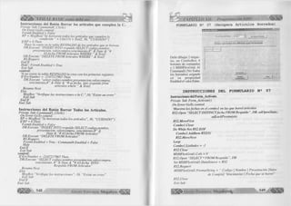 VISUAL BASIC como debé ser. . . í t i ® ® ! 
Instrucciones del Botón Borrar los artículos que cumplen la C. 
Prívate Sub Commcmd4_Click() 
On Error GoTo control 
Formó.Enabled = False 
RP = MsgBox(“Se borraran todos los artículos que cumplen la 
condición “ + Chr(13) + Text2, 36, CUIDADO”) 
IfRP = 6 Then 
‘Hace la copia en la tabla RESPALDO de los artículos que se borran 
DB. Execute “INSERT INTO respaldo SELECT codigo, nombre, 
presentación, valorcompra,vencimiento,#" & Date & "# 
AS fecha FROM Artículos WHERE “ & Text2 
DB.Execute “DELETE FROM Artículos WHERE “ & Text2 
RS. Re query 
En d If 
Hide : Formó.Enabled = True 
Exit Sub 
control: 
'Si no existe la tabla RESPALDO la crea con los primeros registros 
If En: Number = -2147217865 Then 
DB.Execute “select codigo,nombre,presentación, valorcompra, 
vencimiento,#” & Date & “# as fecha into respaldo from 
artículos where “ & Text2 
Resume Next 
Else 
MsgBox “Verifique las instrucciones o la C. ”,16, ’’Existe un error’’ 
Exit Sub 
End If 
End Sub 
Instrucciones del Botón Borrar Todos los Artículos. 
Private Sub Commands_Click() 
On Error GoTo control 
RP = MsgBox( “Se borraran todos los artículos ”, 36, “CUIDADO ”) 
IfRP = ÓThen 
Formó.Enabled = False 
DB. Execute “INSERT INTO respaldo SELECT codigo, nombre, 
presentación, valorcompra, vencimiento,#" & 
Date & “# AS fecha FROM Artículos" 
DB.Execute “DELETE FROM Artículos” 
RS.Requery 
Formó.Enabled = True : Command4.Enabled = False 
Hide 
End If 
Exit Sub 
control: 
If Err.Number = -2147217865 Then 
DB.Execute “SELECT codigo,nombre,presentacion, valorcompra, 
vencimiento, # ” & Date & # AS fecha INTO 
Respaldo FROM Artículos ” 
Resume Next 
Else 
MsgBox “Verifique las instrucciones”, 16, “Existe un error” 
Exit Sub 
End If 
End Sub 
548 G r u p o E d i t o r i a l Megabyte 
CAPÍTULO XII: Programación ADO 
FORMULARIO N2 07 (Recupera Artículos Borrados) 
Debe dibujar 2 etique­tas, 
un ComboBox 4 
botones de comandos 
y 1 MSHFlexGrid. Al 
Commandl (Ver Todos 
los borrados) asígnele 
en su propiedad 
Enabled el valor False. 
■ Vet pen fecha de boirado Vei todos ios bonados 
I Estos son todos los artículos que ha borrado 
B ocíalos 
DefinWvamerte 
INSTRUCCIONES DEL FORMULARIO N s 07 
Instrucciones del Form_Activate. 
Prívate Sub Form_Activate() 
On Error GoTo control 
‘Muestra los fechas en el com bol en las que borró artículos 
RS2,Open “SELECTDISTINCTfecha FROM Respaldo”, DB, adOpenStatic, 
adLockPessimistic 
RS2.MoveFirst 
Combo I.Clear 
Do While Not RS2.EOF 
Combo I.Addltem RS2(0) 
RS2.MoveNext 
Loop 
Combol .Listlndex = -1 
RS2. Cióse 
MSHFlexGrid 1.Cois = 0 
RS2.Open “SELECT * FROM Respaldo", DB 
Set MSHFlexGridl .DataSource - RS2 
RS2. Requerí 
MSHFlexGridl.FormatStríng - “ Codigo | Nombre  Presentación Valor 
de Compra Vencimiento | Fecha que se borró” 
RS2.Cióse 
Exit Sub 
G r u p o E d i t o r i a l Megabyte^ 549 « O » 
 