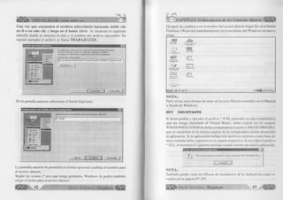 W VISUAL BASIC como debe ser... 
Una vez que en cu en tra el archivo selecciónelo haciendo doble clic 
en él o un solo clic y luego en el botón A brir. Se mostrará la siguiente 
pantalla donde se muestra la ruta y el nombre del archivo ejecutable. En 
nuestro ejemplo el archivo se llama TRABA JO.EX E. 
C re a r a c c e s o d ire c to 
l i 
Sjy > I 
«fi S ~ sPB«*§> «•»»*... 1 
E s c rib a e l n o m b re y la u b ic a c ió n d e l e le m e n to p a ra 
e l q u e d e s e a c re a r u n a c c e s o d ire c to , o b ie n , 
b u s q u e e l e le m e n to h a c ie n d o c lic e n E x a m in a r. 
L í n e a d e c o m a n d o s : 
| d e p ro g ra m a S M ¡c ro s o ft V is u a l S tu d io S V B 9 8  T ra b a jo . e x e f' 
E x a m in a r... I 
De la pantalla anterior seleccione el botón Siguiente. 
S e le c c io n e u n t ít u lo p a ra el p ro g ram a 
S e le c c io n e u n n o m b re p a ra e l a c c e s o d ire c to : 
IT ra b a jo 
: A tr á s ) j | C a n c e la r | 
La pantalla anterior le permitirá en forma opcional cambiar el nombre para 
el acceso directo. 
Según los iconos (*.ico) que tenga grabados, Windows le pedirá también 
elegir el icono para el acceso directo. 
62 G r u p o E d it o r ia l M eg a b y te< |¡¡¡| 
Después de cambiar o no el nombre del acceso directo haga clic en el botón 
Finalizar. Observará inmediatamente en el escritorio del Windows un nuevo 
icono. 
NOTA: 
Para ver las otras formas de crear un Acceso Directo consulte con el Manual 
o Ayuda de Windows. 
MUY IM P O R T A N T E 
Si desea grabar y ejecutar el archivo *.EXE generado en una computadora 
que no tenga instalado el Visual Basic, debe copiar en la carpeta 
WINDOWSSYSTEM de dicha computadora el archivo MSVBVM60.DL1, 
que se encuentra en la misma carpeta de la computadora donde desarrolló 
la aplicación. Si la aplicación trabaja con archivos externos como base de 
datos también debe copiarlos en su carpeta respectiva. Si no copia el archivo 
*.DLL se mostrará el siguiente mensaje cuando intente ejecutar la aplicación. 
Error al iniciar el programa a l 
N o s e e n c o n tró el a rc h iv o D L L re q u e rid o , M S V B V M 6 0 .D L L . 
A c e p ta r j| 
NOTA: 
También puede crear los Discos de Instalación de la Aplicación como se 
explica en la página N° 307. 
G r u p o E d it o r ia l Megabyte 63 4 M i 
 