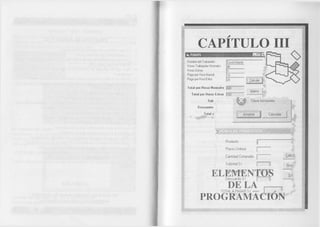 CAPITULO III 
Nombre del Trabajador David Infante 
Horas Trabajadas Normales 48 
Horas Extras 5 
Pago por Hora Normal 10 
Pago por Hora Extra 20 
Total por Horas Normales 480 
Total por Horas Extras 100 
Sub 
Descuento 
Total a 
; Calcular 
Nuevo 
□ a v e Incorrecta 
l'XA 
Aceptar Cancelar 
Producto 
Precio Unitario 
Cantidad Comprada 
Subtotal S/. 
Calce1 
Nuf 
ELEMENTOS D e scuentoS /. | 0 DE LA 
TOTAL A PAGAR $/. ===> PROGRAMACION 
Se 
 