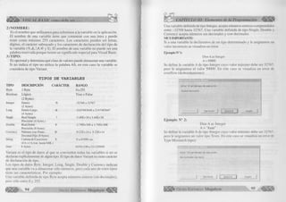 é S B ts VISUAL BASIC como debe ser... 
2) N O M B R E : 
Es el nombre que utilizamos para referirnos a la variable en la aplicación. 
El nombre de una variable tiene que comenzar con una letra y puede 
tener como máximo 255 caracteres. Los caracteres pueden ser letras, 
dígitos, el carácter subrayado y los caracteres de declaración del tipo de 
la variable (%,&,!,#,@ y $). El nombre de una variable no puede ser una 
palabra reservada porque tienen un significado especial para Visual Basic. 
3) T IP O : 
Es opcional y determina qué clase de valores puede almacenar una variable. 
Si no indica el tipo no utilice la palabra AS, en este caso la variable se 
considera de tipo Variant. 
TIPOS DE VARIABLES 
TIPO DESCRIPCIÓN CARÁCTER RANGO 
Byte I Byte 0 a 2 5 5 
Boolean Lógico 
(2 Bytes) 
T rue o False 
Integer Entero 
(2 bytes) 
% -32768 a 32767 
Long Entero Largo 
(4 bytes) 
& -2147483648 a 2147483647 
Single Real Simple 
Precisión (4 bytes.) 
i -3.40E+38 a 3.40E+38 
Double Real Doble 
Precisión (8 bytes) 
# -1.79D+308 a 1.79D+308 
Currency Número con Punto 
Decimal Fijo (8 bytes) 
@ -9.22E+14 a 9.22E+14 
String Cadena de Caracteres $ 
(4 b.+ l b./car. hasta 64K.) 
0 a 65500 car. 
Date 8 bytes 01/01/100 a 31/12/9999 
Variant es el tipo de datos al que se convierten todas las variables si no se 
declaran explícitamente de algún tipo. El tipo de datos Variant no tiene carácter 
de declaración de tipo. 
Los tipos de datos Byte, Integer, Long, Single, Double y Currency indican 
que una variable va a almacenar sólo números, pero cada uno de estos tipos 
tiene sus características. Por ejemplo: 
Una variable definida de tipo Byte acepta números enteros (sin decimales), 
pero sólo entre 0 y 255. 
94 G r u p o E d it o r ia l Megabyte 
CAPÍTULO III: Elementos de la Programación 
Una variable definida de tipo Integer, acepta números enteros comprendidos 
entre -32768 hasta 32767. Una variable definida de tipo Single, Double y 
Currency acepta números sin decimales y con decimales. 
MUY IMPORTANTE: 
Si a una variable la declaramos de un tipo determinado y le asignamos un 
valor incorrecto se visualiza un error. 
Ejemplo N°l: 
Dim A as Integer 
A = 50000 
Se define la variable A de tipo Integer cuyo valor máximo debe ser 32767, 
pero le asignamos el valor 50000. En este caso se visualiza un error de 
overflow (desbordamiento): 
E rro r '6 ' e n tie m p o d e e je c u c ió n : 
D e s b o rd a m ie n to 
j T e r m in a r j 1 D e p u ra r j | A y u d a | 
Ejem plo N° 2: 
Dim A as Integer 
A = "Juan" 
Se define la variable A de tipo Integer cuyo valor máximo debe ser 32767, 
pero le asignamos un valor tipo Texto. En este caso se visualiza un error de 
Type Mismatch (tipo): 
E r ro r '1 3 ' e n tie m p o d e e je c u c ió n : 
N o c o in c id e n lo s tip o s 
D e p u ra r A y u d a 
G r u p o E d it o r ia l Megabyte 95 
 