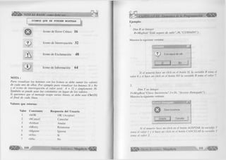 VISUAL BASIC corno debe ser.. . 
ICONOS QUE SE PUEDEN MOSTRAR 
Icono de Error Crítico 16 
Icono de Interrogación 32 
Icono de Exclamación 48 
Icono de Información 64 
O 
V 
NOTA : 
Para visualizar los botones con los iconos se debe sumar los valores 
de cada uno de ellos. Por ejemplo para visualizar los botones Sí y No 
y el icono de interrogación el valor será: 4 + 32 o simplemente 36. 
También se puede usar las constantes en lugar de los valores. 
Si queremos que el mensaje ocupe varias líneas, se debe usar Chr(13) 
al fin a l de cada línea. 
Valores que reto rn a: 
Valor C o n sta n te R espuesta del U suí 
1 vbOK OK (Aceptar) 
2 vbCancel Cancelar 
3 vbAbort Anular 
4 vbRetry Reintentar 
5 vblgnore Ignorar 
6 vbYes Si 
7 vbNo No 
G r u p o E d it o r ia l Megabyte 
O 
CAPÍTULO III: Elementos de la Programación ^ ¡¡Í^ ||P 
Ejem plo: 
1. 
Dim R as Integer 
R=M sgbox(“Está seguro de salir”,3 6 ,”CUIDADO") 
Muestra la siguiente ventana: 
1 
Está seguro de salir 
Sí No 
Si el usuario hace un click en el botón SI, la variable R toma el 
valor 6 y si hace un click en el botón NO la variable R toma el valor 7. 
2. 
Dim T as Integer 
T-M sgB ox("C lave Incorrecta",1 + 16, "Acceso D enegado") 
Muestra la siguiente ventana: 
ü l 
O Clave Incorrecta 
Aceptar ; Cancelar 
Si el usuario hace un click en el botón ACEPTAR, la variable T 
toma el valor 1 y si hace un click en el botón CANCELAR la variable T 
toma el valor 2. 
G r u p o E d it o r ia l Megabyte 111 
 