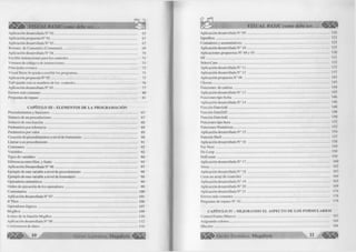 VISUAL BASIC como debe ser... 
Aplicación desarrollada N° 02 .................................................. .......................................... 65 
Aplicación propuesta N° 01................................................................................................. 67 
Aplicación desarrollada N° 03.............................................................................................. 67 
Botones de Comandos (Command)..................................................................................... 69 
Aplicación desarrollada N° 04............................................................................................. 70 
Escribir instrucciones para los controles............................................................................. 71 
Ventana de código o de instrucciones................................................................................... 71 
Principales eventos .............................................................................................................. 72 
Visual Basic le ayuda a escribir los programas..................................................................... 75 
Aplicación propuesta N° 0 2 ................................................................................................. 75 
Trabajando con os nombres de los controles...................................................................... 76 
Aplicación desarrollada N° 05.............................................................................................. 77 
Errores más com unes........................................................................................................... 80 
Preguntas de repaso............................................................................................................. 81 
CAPÍTULO III : ELEMENTOS DE LA PROGRAMACIÓN 
Procedimientos y funciones ................................................................................................ 85 
Sintaxis de un procedimiento............................................................................................... 87 
Sintaxis de una función......................................................................................................... 88 
Parámetros por referencia .................................................................................................... 89 
Parámetros por valor ............................................................................................................ 89 
Creación de procedimientos a nivel de formulario ............................................................ 90 
Llamar a un procedimiento................................................................................................... 91 
Constantes ............................................................................................................................. 92 
Variables................................................................................................................................. 92 
Tipos de variables ................................................................................................................ 94 
Diferencia entre Dim. y Static ............................................................................................. 95 
Aplicación Desarrollada N° 0 6 ............................................................................................ 97 
Ejemplo de una variable a nivel de procedimiento ............................................................. 98 
Ejemplo de una variable a nivel de formulario ................................................................... 98 
Operadores aritméticos ........................................................................................................ 99 
Orden de ejecución de los operadores................................................................................. 99 
Comentarios .......................................................................................................................... 100 
Aplicación desarrollada N° 0 7 ............................................................................................. 101 
IfT h e n ................................................................................................................................... 106 
Operadores lógicos............................................................................................................... 107 
M sgB ox.................................................................................................................................. 109 
Iconos de la función M sgBox.............................................................................................. 110 
Aplicación desarrollada N° 08 ............................................................................................. 112 
Consistencia de datos ........................................................................................................... 116 
E d it o r ia l M e g a b y t e # ^ 
VISUAL BASIC como debe ser... 
Aplicación desarrollada N° 0 9 ............................................................................................ 116 
InputBox ............................................................................................................................... 122 
Contadores y acumuladores ................................................................................................ 125 
Aplicación desarrollada N° 1 0 ............................................................................................ 125 
Aplicaciones propuestas N° 04 y 05 .................................................................................. 130 
IIF ........................................................................................................................................... 131 
SelectCase............................................................................................................................. 132 
Aplicación desarrollada N° 11.............................................................................................. 133 
Aplicación desarrollada N° 12 ........................................................................................... 137 
Aplicación propuesta N° 06 ............................................................................................... 143 
Choose................................................................................................................................... 143 
Funciones de cadena............................................................................................................ 144 
Aplicación desarrollada N° 13 ............................................................................................ 145 
Funciones tipo fecha ............................................................................................................ 146 
Aplicación desarrollada N° 1 4 ............................................................................................. 146 
Función DateAdd .............,.................................................................................................. 148 
Función DateDiff.................................................................................................................. 148 
Función DateAdd ................................................................................................................. 150 
Funciones tipo hora .............................................................................................................. 152 
Funciones Numéricas............................................................................................................. 152 
Aplicación desarrollada N° 15 ............................................................................................. 154 
Función S h ell........................................................................................................................ 157 
Aplicación desarrollada N° 16 ........................................................................................... 158 
For Next ................................................................................................................................ 159 
Do Loop ................................................................................................................................ 159 
D oEvenst............................................................................................................................... 159 
Aplicación desarrollada N” 17.............................................................................................. 160 
A rray...................................................................................................................................... 162 
Aplicación desarrollada N° 1 8 ............................................................................................. 163 
Crear un array de controles ................................................................................................. 164 
Aplicación desarrollada N° 19 ........................................................................................... 165 
Aplicación desarrollada N° 2 0 ............................................................................................ 169 
Aplicación desarrollada N° 21 ............................................................................................ 174 
Errores más com unes............................................................................................................ 178 
Preguntas de repaso N° 0 3 ................................................................................................... 179 
CAPÍTULO IV : MEJORANDO EL ASPECTO DE LOS FORMULARIOS 
Control Frame (Marco) ....................................................................................................... 183 
Asignando colores................................................................................................................. 184 
Qbcolor ................................................................................................................................. 184 
G r u p o E d i t o r i a l Megabyte H 
 