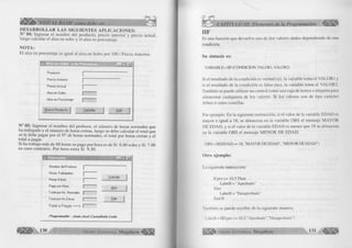 A * VISUAL BASIC como debe ser... 
DESARROLLAR LAS SIGUIENTES APLICACIONES: 
N 04: Ingresar el nom bre del producto, precio anterior y precio actual, 
luego calcular el alza en soles y el alza en porcentaje. 
NOTA: 
E l alza en porcentaje es igual al alza en Soles p or 100 / Precio A nterior. 
n - I n i x | 
Producto f............. 
Precio Anterior 
1..................... 
Precio Actual 
1........... ... 
Alza en Soles r............ 
Alza en Porcentaje r ~ ....... 
N uevo Producto Calcular Salir I 
N 05: Ingresar el nom bre del profesor, el núm ero de horas normales que 
ha trabajado y el núm ero de horas extras, luego se debe calcular el total que 
se le debe pagar p o r el N ° de horas norm ales, el total p or horas extras y el 
total a pagar. 
Si ha trabajo más de 48 horas su pago p or hora es de S/. 8.00 soles y SI. 7.00 
en caso contrario. Por hora extra S/. 9.50. 
Nombre del Profesor 
Horas Trabajadas 
Horas Extras 
Pago por Hora 
Total por Hs. Normales 
Total por Hs.Extras 
T o t a l a P a g a r = = = > 
__________ Calcular 
Otro 
Salir 
P rogra m a d orJu a n J osé Castañeda León 
G r u p o E d i t o r i a l Megahyte<^ ||| § | 
CAPÍTULO III: Elementos de la Programación 
IIF 
Es una fu nció n que devuelve uno de dos valores dados dependiendo de una 
condición. 
Su sintaxis es: 
VARIABLE = IIF (CONDICION, VALOR 1, VALOR2) 
Si el resultado de la condición es verdad (si), la variable tom a el V A L O R 1 y 
si el resultado de la condición es falso (no), la variable tom a el V A LO R 2 . 
Tam bién se puede u tiliz a r un control com o una caja de textos o etiqueta para 
almacenar cualquiera de los valores. Si los valores son de tipo carácter 
deben ir entre com illas. 
Por ejem plo: En la siguiente instrucción, si el va lo r de la variable E D A D es 
m ayor o igual a 18, se almacena en la variable OBS el mensaje M A Y O R 
DE E D A D , y si el va lo r de la variable E D A D es m enor que 18 se almacena 
en la variable OBS el mensaje M E N O R D E E D A D . 
OBS = IIf(EDAD >= 18, "MAYOR DE EDAD", "MENOR DE EDAD") 
Otro ejemplo: 
I ,a siguiente instrucción: 
If pro >= 10.5 Then 
Label8 = "Aprobado" 
Else 
Label8 = "Desaprobado" 
End I f 
También se puede escribir de la siguiente manera: 
I ,abel8 = IIF(pro >= 10.5,’’Aprobado” ,’’Desaprobado” ) 
G r u p o E d i t o r i a l Megabyte » , w m 
 