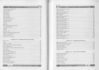 _______________ , . o 
^É iÍÉ É ÍÍ’' VISUAL BASIC como debe ser... 
Aplicación desarrollada N° 46 ........................................................................................... 323 
Uso de la im presora............................................................................................................. 325 
Objeto printer ....................................................................................................................... 326 
Método Print ....................................................................................................................... 327 
Instrucción T a b ..................................................................................................................... 327 
Instrucción S p c ..................................................................................................................... 328 
Método PrintForm .............................................................................................................. 328 
Aplicación desarrollada 47 ................................................................................................... 328 
Comandos del D O S ............................................................................................................. 331 
Control de Errores ............................................................................................................... 332 
On Error ................................................................................................................................ 332 
Objeto E r r ............................................................................................................................. 332 
Errores interceptables más comunes ................................................................................. 333 
Control RichTextBox........................................................................................................... 334 
LoadFile................................................................................................................................. 335 
SaveFile.................................................................................................................................. 335 
Funciones A P I...................................................................................................................... 336 
Apagar la computadora automáticamente ......................................................................... 337 
Crear discos de instalación .................................................................................................. 338 
Control ActiveMovie ........................................................................................................... 340 
Crear Archivos de Ayudas................................................................................................... 341 
CAPÍTULO IX : MANEJO DE BASE DE DATOS 
Base de d a to s......................................................................................................................... 347 
Tablas...................................................................................................................................... 347 
Registros y Campos ............................................................................................................. 347 
Crear una Base e Datos usando Visual Basic........................... ......................................... 349 
Tipos de Recordset ............................................................................................................... 351 
Crear una Base de Datos usando Microsoft Access ......................................................... 354 
Control Data ......................................................................................................................... 358 
Objeto Recordset .................................................................................................................. 358 
Aplicación desarrollada N° 48 ............................................................................................. 359 
Aplicación desarrollada N° 49 ............................................................................................. 362 
Control DbList ...................................................................................................................... 364 
Consulta de registros ........................................................................................................... 364 
Aplicación desarrollada N° 50 ............................................................................................. 365 
Método MoveFirst .............................................................................................................. 365 
Método Nomatch ................................................................................................................. 366 
Mantenimiento de registros ............................................................................................... 367 
Aplicación desarrollada N° 51 ............................................................................................ 367 
G r u p o E d it o r ia l M e g a b y t é * 
VISUAL BASIC como debe ser... 
Asistente VB para base de datos ........................................................................................ 371 
Control D bcom bo................................................................................................................. 372 
Aplicación desarrollada N° 52 ........................................................................................... 372 
Aplicación propuesta N° 09 ................................................................................................ 373 
Control D bgrid...................................................................................................................... 374 
Aplicación desarrollada N° 53 ............................................................................................. 376 
Instrucciones S Q L ................................................................................................................ 376 
Aplicación desarrollada N° 54 ............................................................................................ 379 
Aplicación desarrollada N° 55 ............................................................................................. 383 
Variables tipo Recordset...................................................................................................... 386 
Aplicación desarrollada N° 56 ............................................................................................ 388 
Aplicación desarrollada N° 57 ............................................................................................ 392 
Modificar varios registro a la v e z ........................................................................................ 397 
Métodos de Transacciones .................................................................................................. 397 
Aplicación desarrollada N° 58 ............. ............................................................................... 397 
Manejo de fo to s.................................................................................................................... 398 
Aplicación desarrollada N° 59 ............................................................................................. 398 
Manejo de varias tablas ....................................................................................................... 402 
Uniendo tablas ..................................................................................................................... 404 
Aplicación desarrollada N° 6 0 ............................................................................................. 406 
Errores más com unes............................................................................................................ 410 
Preguntas de repaso N° 09 .................................................................................................. 411 
CAPÍTULO X : PROGRAMACIÓN DAO 
Objeto de acceso a datos ..................................................................................................... 416 
Métodos para manejar base de datos .................................................................................... 417 
Antes de programar con D A O ................................................................................................420 
Control MsFlexgrid................................................................................................................. 425 
Otras instrucciones SQL ....................................................................................................... 433 
Control MsChart .................................................................................................................... 440 
CAPÍTULO XI : CREACIÓN DE REPORTE 
Pasos para crear un rep o rte................................................................................................... 447 
Reportes tipo Estándar .......................................................................................................... 447 
Vincular Tablas....................................................................................................................... 448 
Creación de índices................................................................................................................ 450 
Ordenación de los registros ................................................................................................... 451 
Totalizar o contar registros .................................................................................................. 452 
Estilo del reporte .................................................................................................................. 453 
Control Cristal Report .......................................................................................................... 453 
¡I||Íj^ G r u p o E d it o r ia l Megabyte 15 « ¡ g » 
 