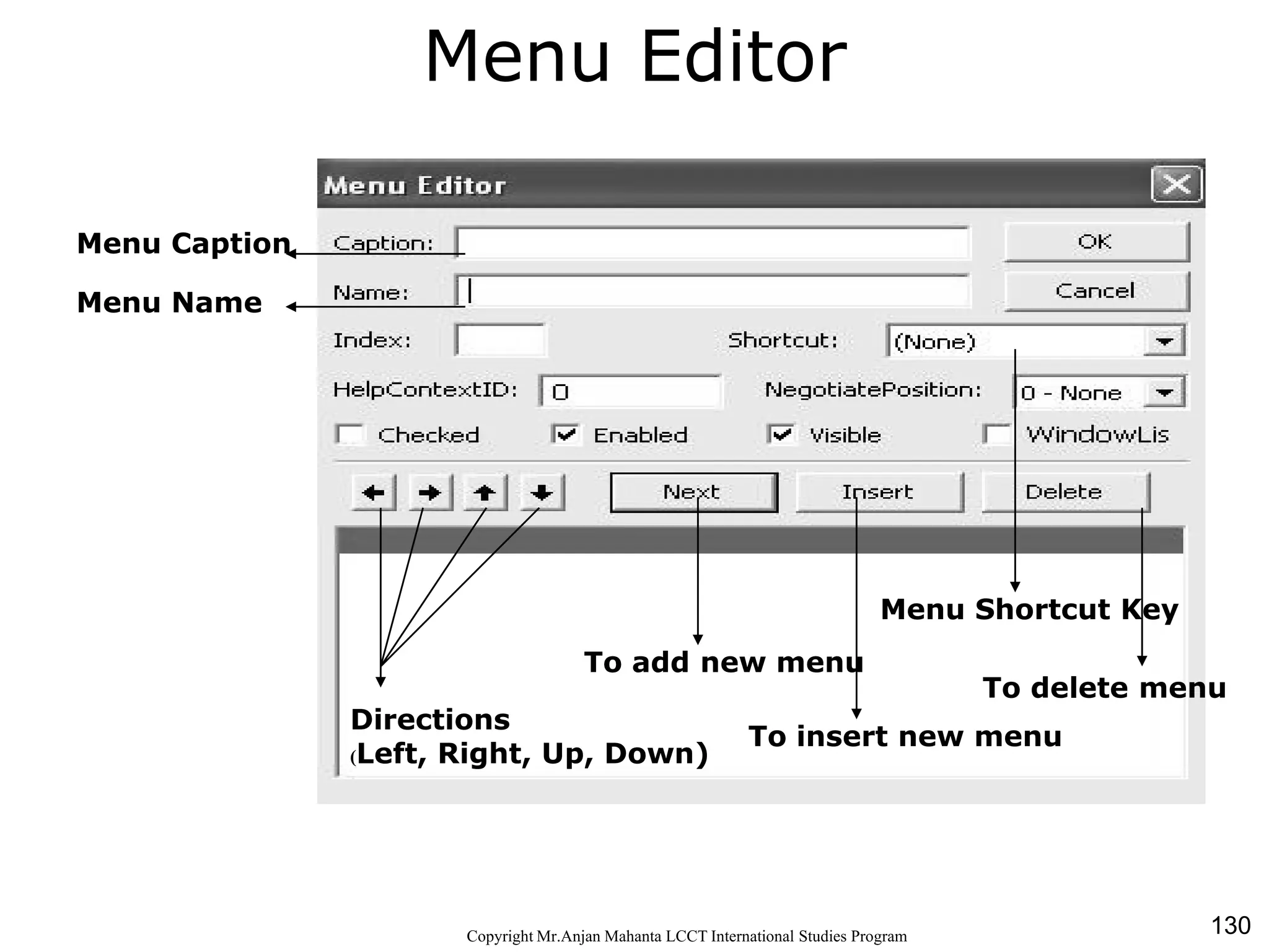 130CopyrightMr.Anjan Mahanta LCCTInternational Studies Program
Menu Editor
Menu Caption
Menu Name
Menu Shortcut Key
To add new menu
To insert new menu
Directions
(Left, Right, Up, Down)
To delete menu
 