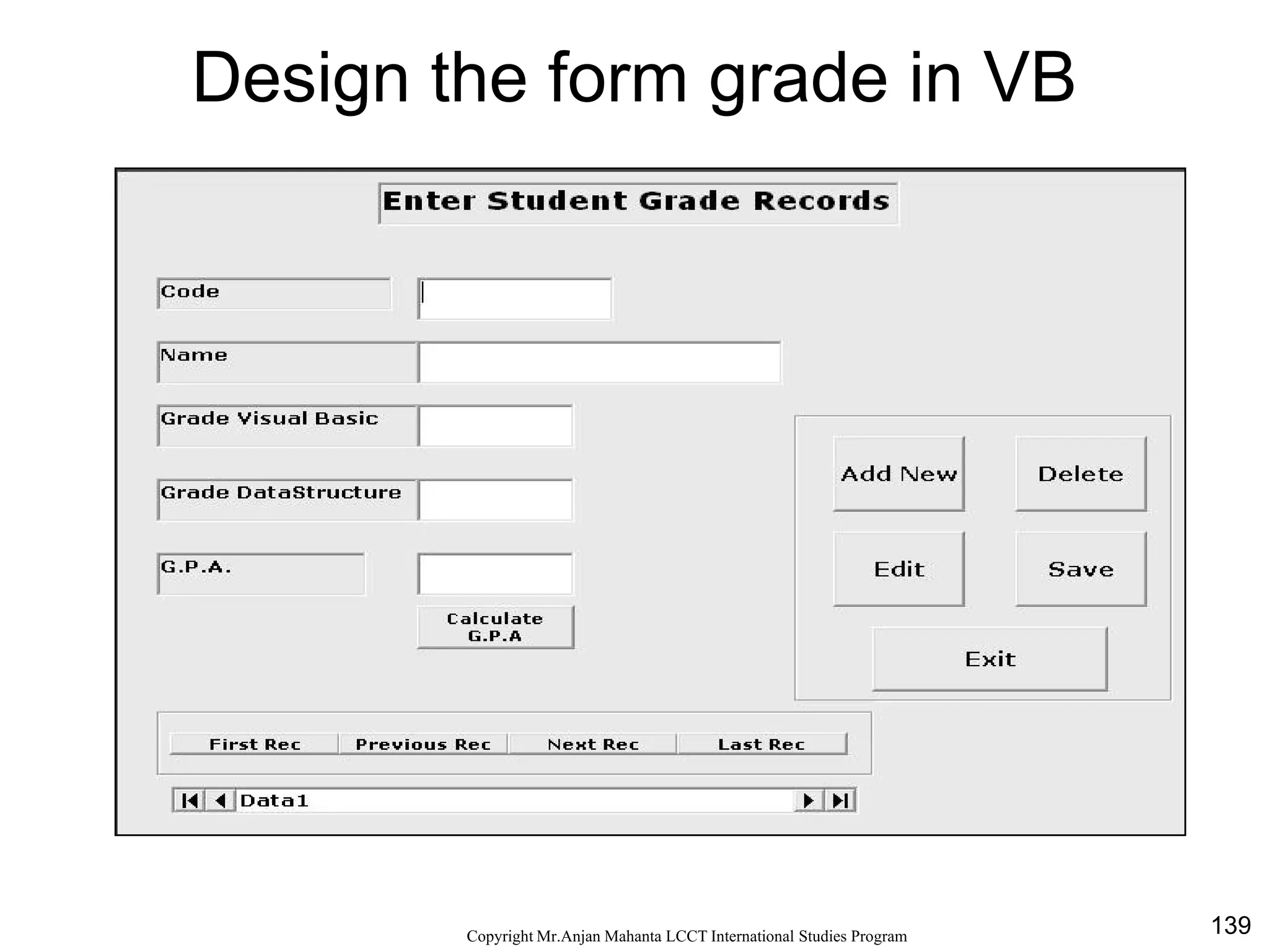 139CopyrightMr.Anjan Mahanta LCCTInternational Studies Program
Design the form grade in VB
 