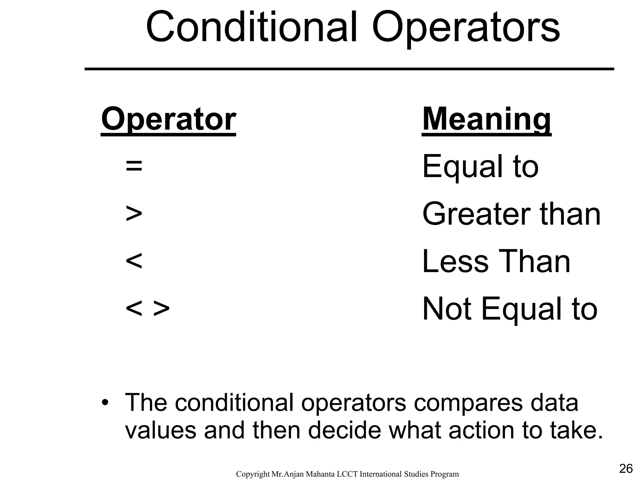 26CopyrightMr.Anjan Mahanta LCCTInternational Studies Program
Conditional Operators
Operator Meaning
= Equal to
> Greater than
< Less Than
< > Not Equal to
• The conditional operators compares data
values and then decide what action to take.
 