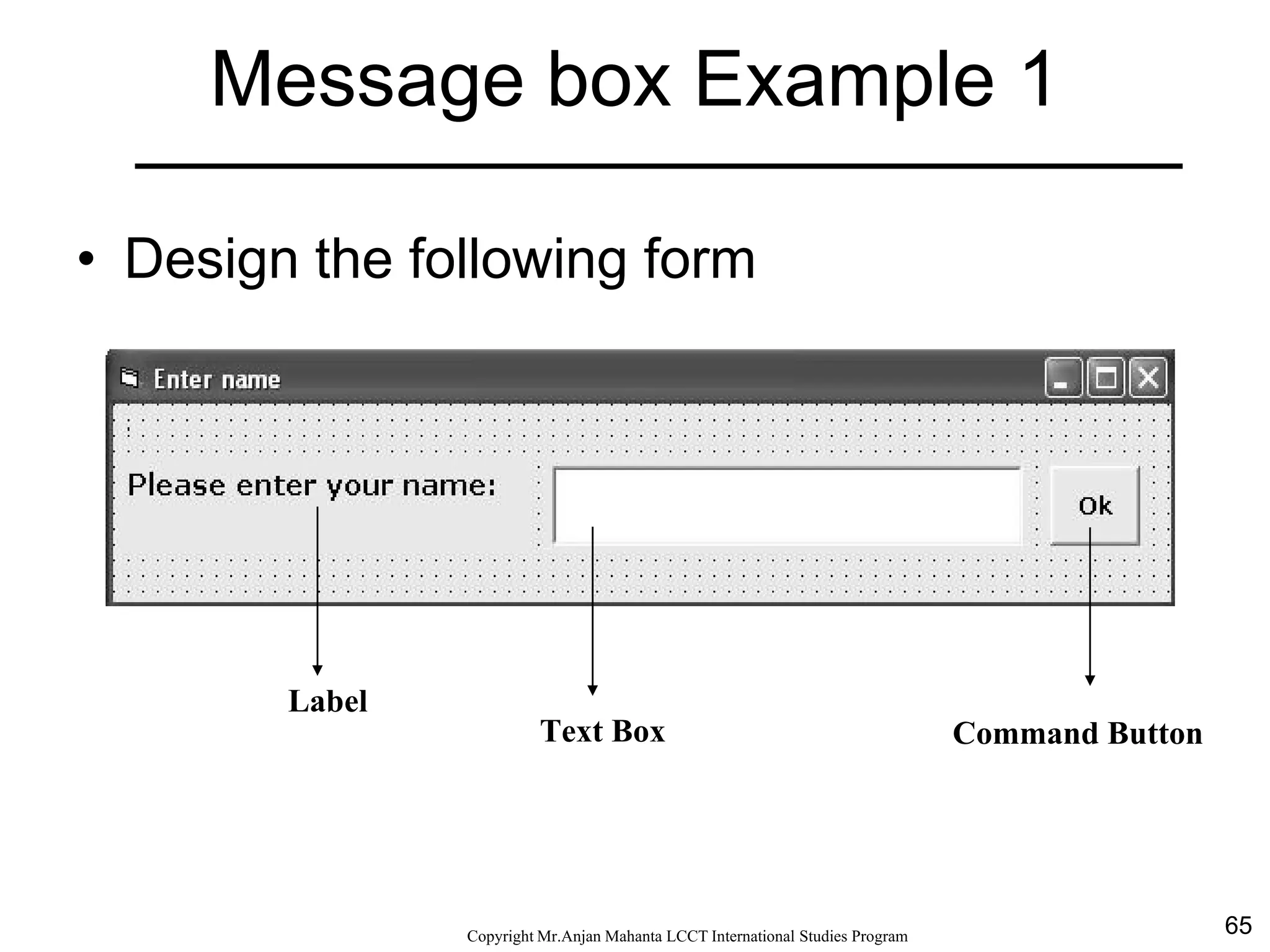 65CopyrightMr.Anjan Mahanta LCCTInternational Studies Program
Message box Example 1
• Design the following form
Label
Text Box Command Button
 
