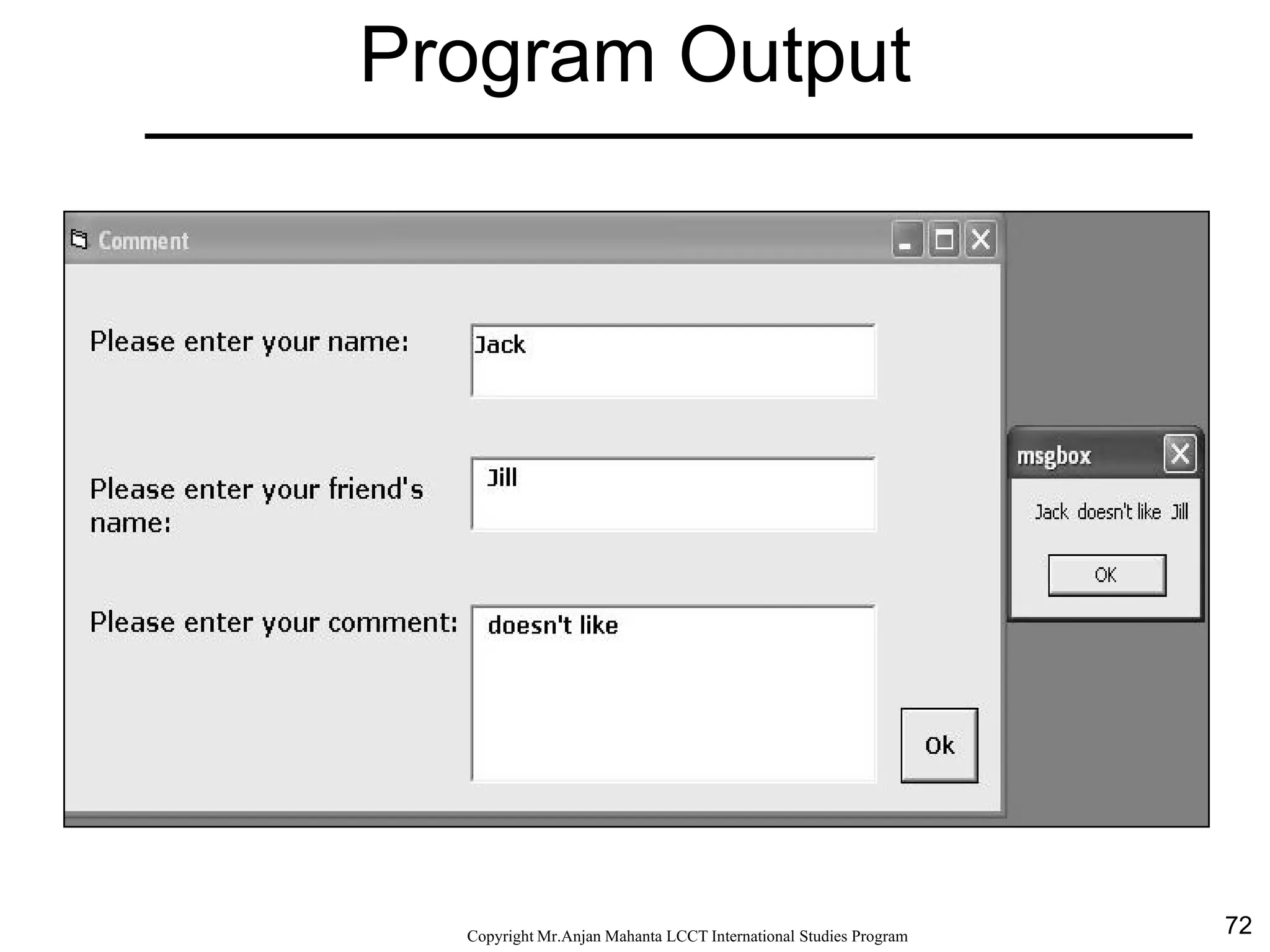 72CopyrightMr.Anjan Mahanta LCCTInternational Studies Program
Program Output
 