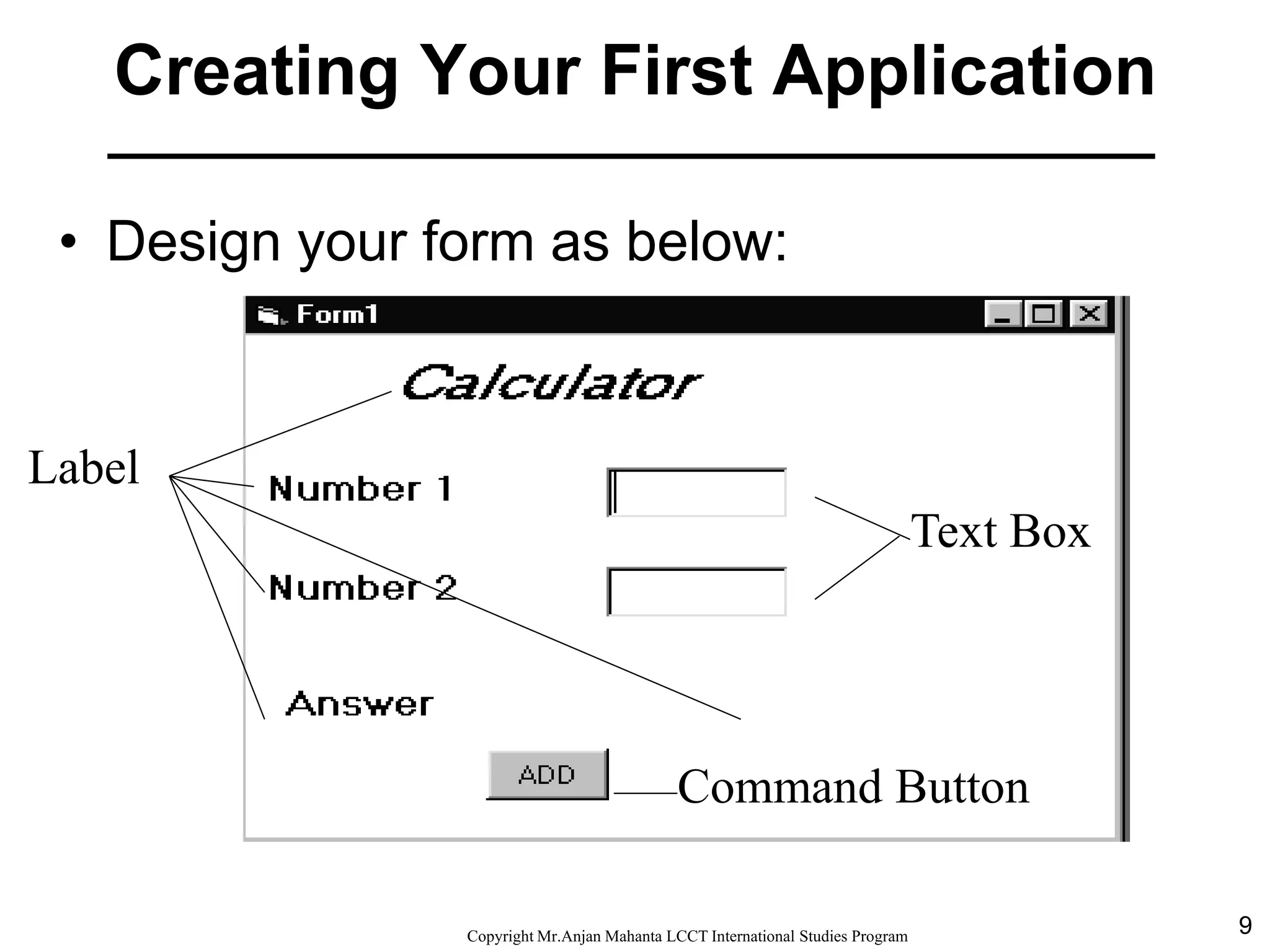 9CopyrightMr.Anjan Mahanta LCCTInternational Studies Program
Creating Your First Application
• Design your form as below:
Text
BoxCommand Button
Command Button
Label
Text Box
 