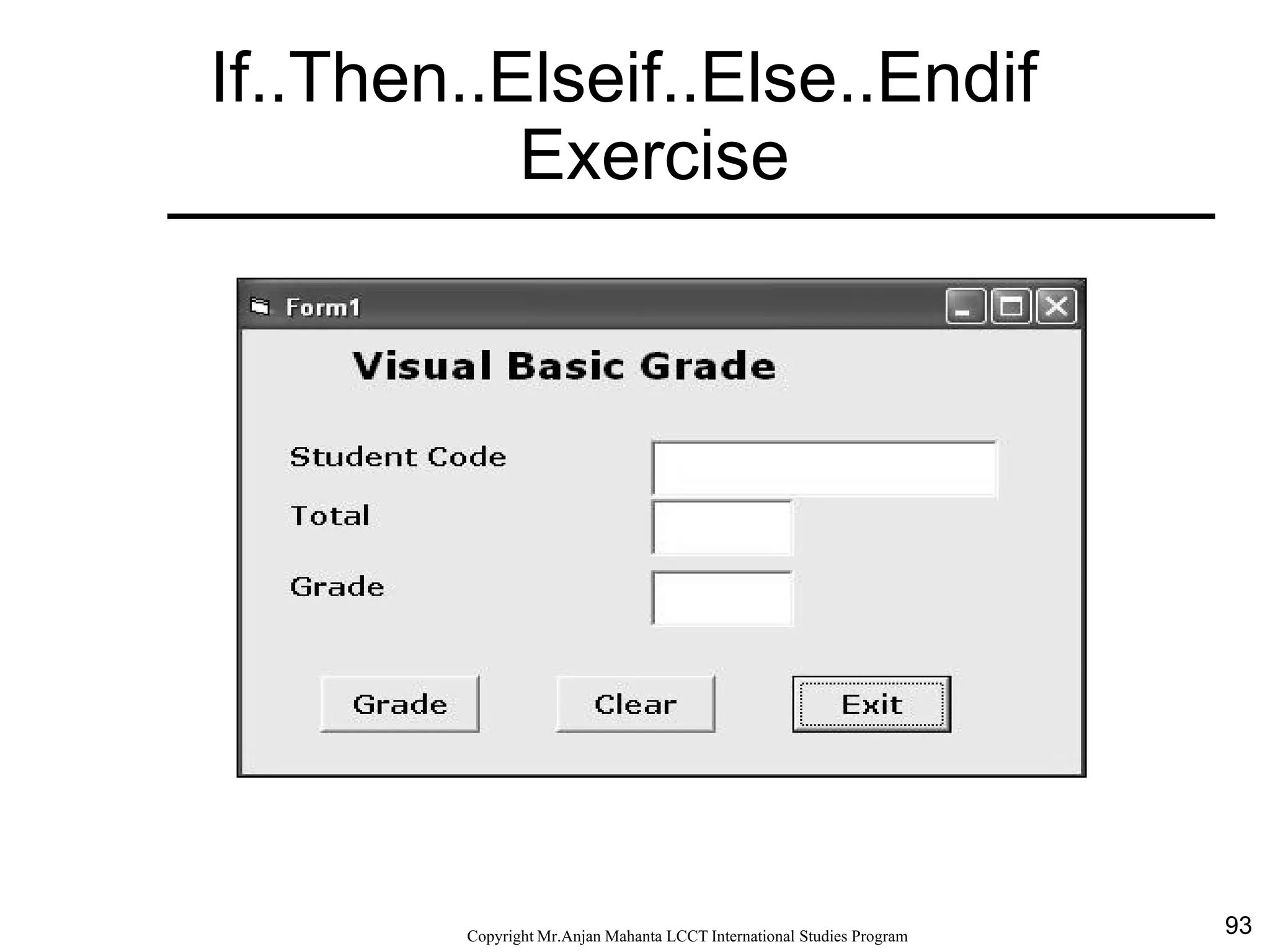 93CopyrightMr.Anjan Mahanta LCCTInternational Studies Program
If..Then..Elseif..Else..Endif
Exercise
 