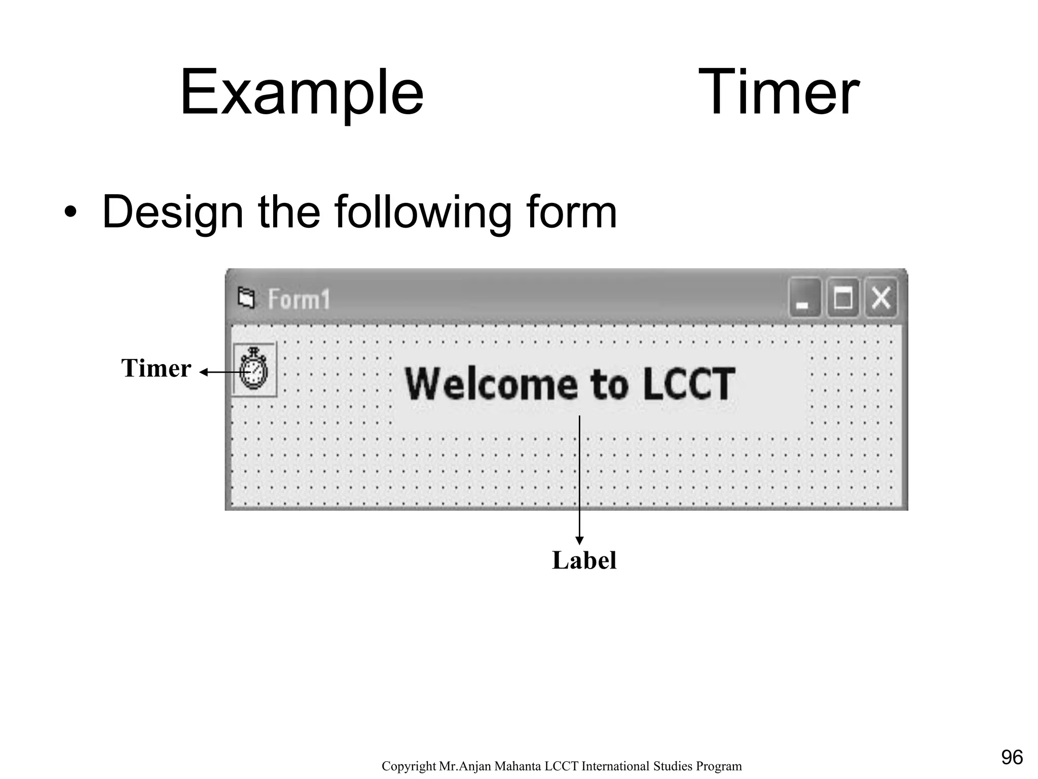 96CopyrightMr.Anjan Mahanta LCCTInternational Studies Program
Example Timer
• Design the following form
Label
Timer
 