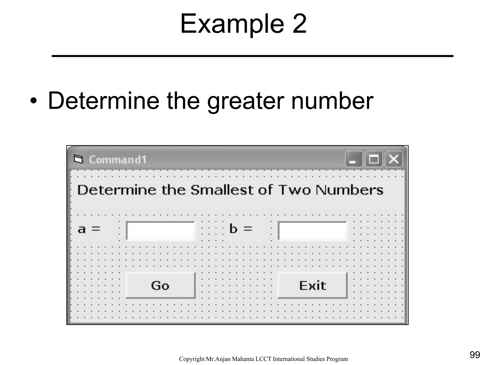 99CopyrightMr.Anjan Mahanta LCCTInternational Studies Program
Example 2
• Determine the greater number
 