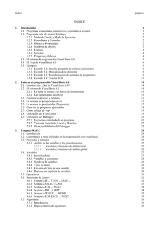 Índice página i
ÍNDICE
1. Introducción 1
1.1 Programas secuenciales, interactivos y orientados a eventos 1
1.2 Programas para el entorno Windows 2
1.2.1 Modo de Diseño y Modo de Ejecución 2
1.2.2 Formularios y Controles 2
1.2.3 Objetos y Propiedades 2
1.2.4 Nombres de objetos 3
1.2.5 Eventos 4
1.2.6 Métodos 4
1.2.7 Proyectos y ficheros 4
1.3 El entorno de programación Visual Basic 6.0 5
1.4 El Help de Visual Basic 6.0 6
1.5 Ejemplos 6
1.5.1 Ejemplo 1.1: Sencillo programa de colores y posiciones 6
1.5.2 Ejemplo 1.2: Minicalculadora elemental 8
1.5.3 Ejemplo 1.3: Transformación de unidades de temperatura 9
1.5.4 Ejemplo 1.4: Colores RGB 11
2. Entorno de programación Visual Basic 6.0 14
2.1 Introducción: ¿Qué es Visual Basic 6.0? 14
2.2 El entorno de Visual Basic 6.0 14
2.2.1 La barra de menús y las barras de herramientas 14
2.2.2 Las herramientas (toolbox) 16
2.3 Formularios (forms) y módulos 16
2.4 La ventana de proyecto (project) 17
2.5 La ventana de propiedades (Properties) 17
2.6 Creación de programas ejecutables 18
2.7 Cómo utilizar el Help 19
2.8 Utilización del Code Editor 19
2.9 Utilización del Debugger 21
2.9.1 Ejecución controlada de un programa 21
2.9.2 Ventanas Immediate, Locals y Watches 22
2.9.3 Otras posibilidades del Debugger 23
3. Lenguaje BASIC 24
3.1 Introducción 24
3.2 Comentarios y otras utilidades en la programación con visual basic 24
3.3 Proyectos y módulos 25
3.3.1 Ámbito de las variables y los procedimientos 25
3.3.1.1 Variables y funciones de ámbito local 25
3.3.1.2 Variables y funciones de ámbito global 26
3.4 Variables 27
3.4.1 Identificadores 27
3.4.2 Variables y constantes 28
3.4.3 Nombres de variables 28
3.4.4 Tipos de datos 29
3.4.5 Elección del tipo de una variable 30
3.4.6 Declaración explícita de variables 30
3.5 Operadores 31
3.6 Sentencias de control 31
3.6.1 Sentencia IF ... THEN ... ELSE ... 32
3.6.2 Sentencia SELECT CASE 33
3.6.3 Sentencia FOR ... NEXT 34
3.6.4 Sentencia DO ... LOOP 34
3.6.5 Sentencia WHILE … WEND 35
3.6.6 Sentencia FOR EACH ... NEXT 35
3.7 Algoritmos 36
3.7.1 Introducción 36
3.7.2 Representación de algoritmos 36
 