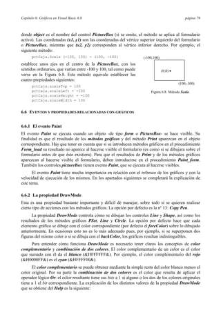 Capítulo 6: Gráficos en Visual Basic 6.0 página 79
donde object es el nombre del control PictureBox (si se omite, el método se aplica al formulario
activo). Las coordenadas (x1, y1) son las coordenadas del vértice superior izquierdo del formulario
o PictureBox, mientras que (x2, y2) corresponden al vértice inferior derecho. Por ejemplo, el
siguiente método:
pctCaja.Scale (-100, 100) - (100, -100)
establece unos ejes en el centro de la PictureBox, con los
sentidos ordinarios, que varían entre -100 y 100, tal como puede
verse en la Figura 6.8. Este método equivale establecer las
cuatro propiedades siguientes:
pctCaja.scaleTop = 100
pctCaja.scaleLeft = -100
pctCaja.scaleHeight = -100
pctCaja.scaleWidth = 100
6.6 EVENTOS Y PROPIEDADES RELACIONADAS CON GRÁFICOS
6.6.1 El evento Paint
El evento Paint se ejecuta cuando un objeto -de tipo form o PictureBox- se hace visible. Su
finalidad es que el resultado de los métodos gráficos y del método Print aparezcan en el objeto
correspondiente. Hay que tener en cuenta que si se introducen métodos gráficos en el procedimiento
Form_load su resultado no aparece al hacerse visible el formulario (es como si se dibujara sobre el
formulario antes de que éste existiera). Para que el resultados de Print y de los métodos gráficos
aparezcan al hacerse visible el formulario, deben introducirse en el procedimiento Paint_form.
También los controles pictureBox tienen evento Paint, que se ejecuta al hacerse visibles.
El evento Paint tiene mucha importancia en relación con el refresco de los gráficos y con la
velocidad de ejecución de los mismos. En los apartados siguientes se completará la explicación de
este tema.
6.6.2 La propiedad DrawMode
Esta es una propiedad bastante importante y difícil de manejar, sobre todo si se quieren realizar
cierto tipo de acciones con los métodos gráficos. La opción por defecto es la nº 13: Copy Pen.
La propiedad DrawMode controla cómo se dibujan los controles Line y Shape, así como los
resultados de los métodos gráficos PSet, Line y Circle. La opción por defecto hace que cada
elemento gráfico se dibuje con el color correspondiente (por defecto el foreColor) sobre lo dibujado
anteriormente. En ocasiones esto no es lo más adecuado pues, por ejemplo, si se superponen dos
figuras del mismo color o si se dibuja con el backColor, los gráficos resultan indistinguibles.
Para entender cómo funciona DrawMode es necesario tener claros los conceptos de color
complementario y combinación de dos colores. El color complementario de un color es el color
que sumado con él da el blanco (&HFFFFFF&). Por ejemplo, el color complementario del rojo
(&H0000FF&) es el cyan (&HFFFF00&).
El color complementario se puede obtener mediante la simple resta del color blanco menos el
color original. Por su parte la combinación de dos colores es el color que resulta de aplicar el
operador lógico Or: el color resultante tiene sus bits a 1 si alguno o los dos de los colores originales
tiene a 1 el bit correspondiente. La explicación de los distintos valores de la propiedad DrawMode
que se obtiene del Help es la siguiente:
(-100,100)
(100,-100)
(0,0) •
Figura 6.8. Método Scale.
 
