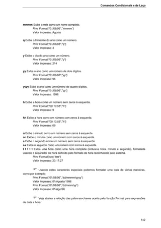 Comandos Condicionais e de Laço
142
mmmm Exibe o mês como um nome completo.
Print Format("01/08/96","mmmm")
Valor Impresso: Agosto
q Exibe o trimestre do ano como um número.
Print Format("01/08/96","q")
Valor Impresso: 3
y Exibe o dia do ano como um número.
Print Format("01/08/96","y")
Valor Impresso: 214
yy Exibe o ano como um número de dois dígitos.
Print Format("01/08/96","yy")
Valor Impresso: 96
yyyy Exibe o ano como um número de quatro dígitos.
Print Format("01/08/96","yy")
Valor Impresso: 1996
h Exibe a hora como um número sem zeros à esquerda.
Print Format("09:13:55","h")
Valor Impresso: 9
hh Exibe a hora como um número com zeros à esquerda.
Print Format("09:13:55","h")
Valor Impresso: 09
n Exibe o minuto como um número sem zeros à esquerda.
nn Exibe o minuto como um número com zeros à esquerda.
s Exibe o segundo como um número sem zeros à esquerda.
ss Exibe o segundo como um número com zeros à esquerda.
t t t t t Exibe uma hora como uma hora completa (inclusive hora, minuto e segundo), formatada
usando o separador de hora definido pelo formato de hora reconhecido pelo sistema.
Print Format(now,"ttttt")
Valor Impresso: 23:17:27
 Usando estes caracteres especiais podemos formatar uma data de várias maneiras,
como por exemplo:
Print Format(“01/08/96”,”dd/mmmm/yyyy”)
Valor Impresso: 01/Agosto/1996
Print Format(“01/08/96”,”dd/mmm/yy”)
Valor Impresso: 01/Ago/96
 Veja abaixo a relação das palavras-chaves aceita pela função Format para expressões
de data e hora:
 