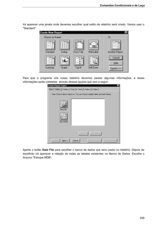 Comandos Condicionais e de Laço
209
Irá aparecer uma janela onde devemos escolher qual estilo de relatório será criado. Vamos usar o
"Standard"
Para que o programa crie nosso relatório devemos passar algumas informações, e essas
informações serão coletadas através dessas opções que vem a seguir:
Aperte o botão Data File para escolher o banco de dados que sera usado no relatório. Depois de
escolhido irá aparecer a relação de todas as tabelas existentes no Banco de Dados. Escolha o
Arquivo "Estoque.MDB".
 