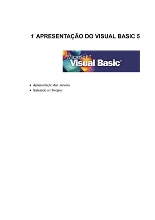 1 APRESENTAÇÃO DO VISUAL BASIC 5
 Apresentação das Janelas
 Salvando um Projeto
 