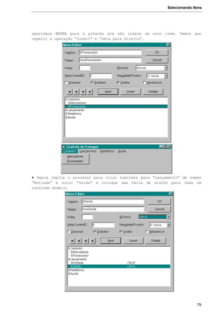 Selecionando Itens
79
apertamos ENTER para o próximo ele não insere um novo item. Temos que
repetir a operação “Insert” e “Seta para Direita”.
 Agora repita o processo para criar subitens para “Lançamento” de nomes
“Entrada” e outro “Saída” e coloque uma tecla de atalho para cada um
conforme modelo:
 