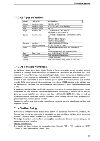 Variáveis e Matrizes
86
7.1.2 Os Tipos de Variável
Nome Descrição Abrangência
Integer Numérico Inteiro -32.768 a 32.767
Long Numérico Inteiro -2.147.483.648 a 2.147.483.648
Byte Numérico Inteiro 0 a 255
Single Numérico real -3,402823E38 a -1,401298E-45
1,401298E-45 a 3,402823E38
Double Numérico real -1,79769313486232E308 a 4,94065645841247E-
324
4,94065645841247E-324 a
1,79769313486232E308
Currency Numérico -
Valores monetários
-922.337.203.685.477,5808 a
922.337.203.685.477,5807
String Texto 2.147.483.648 de caracteres nos sistemas 32
bits
65.536 de caracteres nos sistemas 16 bits
Date Data e Hora entre 01/01/100 a 31/12/9999
Boolean True (verdadeiro) False (falso)
Object Contém um objeto
Variant Pode ser numérico, string, objeto ou valor nulo.
7.1.3 As Variáveis Númericas
As variáveis Integer, Long, Byte, Single, Double e Currency armazém em eu conteúdo somente
números. A diferença entre elas está na abrangência de cada uma e se aceitam ou não casas
decimais. A variável Currency é mais especifica para tratar valores monetários, e ela já converte os
valores no formato estabelecido no Painel de Controle (Configurações Regionais) para moeda.
Sempre é bom verificarmos o tipo de número que irá conter a variável numérica que estamos
criando. Se for conter somente números inteiros, e no máximo 10.000 registros, então a Integer esta
de bom tamanho. Se vamos criar um contador que irá contar até 100, então a variável mais cabível é
a byte.
A escolha correta da variável numérica é importante no consumo de recursos de processador de seu
computador. Se você escolhe o tipo Double essa variável irá consumir os recursos de sua máquina
para que possa trabalhar com números dos tipo “4,94065645841247E-324”. Mas se você vai
somente armazenar na variável números na casa do milhar, então a máquina estará absorvendo do
processador mais recursos do que vai usar.
Acostume a definir uma determinada variável como numérica somente quando esta variável será
objeto de cálculos.
7.1.4 Variável String
Esta variável armazena textos. Esses textos podem ser caracteres alfanuméricos, símbolos, etc.
Sempre que formos nos referenciar a expressão que está contida na variável string temos que
colocar “” (aspas). Exemplo: NomeEscola=“Modelo Informática”.
Neste tipo de variável podemos fazer comparações, concatenação de duas variáveis string, ou até
extrair uma parte do conteúdo.
O que é concatenação?
É a junção de duas variáveis ou expressões texto. Exemplo: “12” + “13” resultará em “1213”.
“Editora” + “Terra” resultará em “Editora Terra”.
 