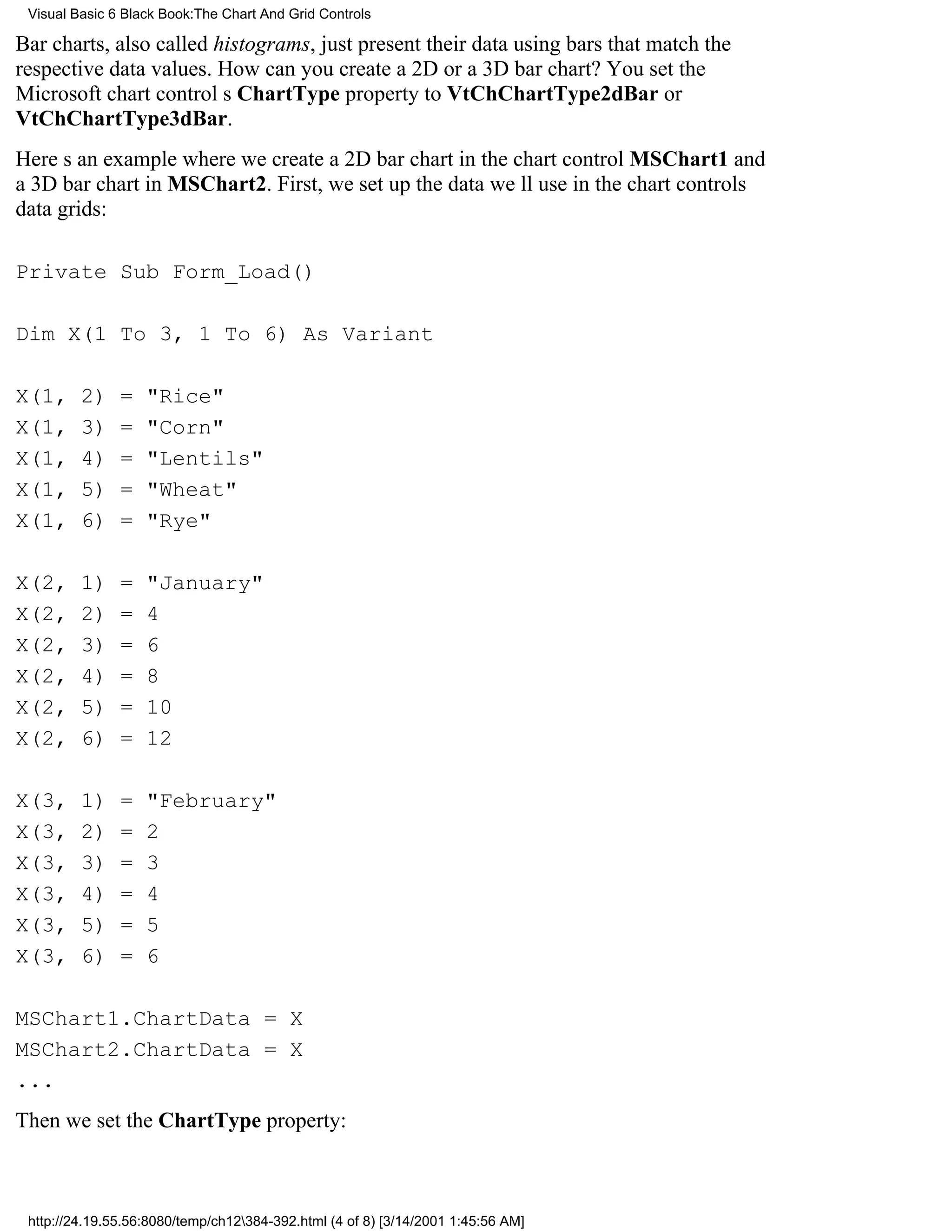 Visual Basic 6 Black Book:The Chart And Grid Controls

Bar charts, also called histograms, just present their data using bars that match the
respective data values. How can you create a 2D or a 3D bar chart? You set the
Microsoft chart controls ChartType property to VtChChartType2dBar or
VtChChartType3dBar.
Heres an example where we create a 2D bar chart in the chart control MSChart1 and
a 3D bar chart in MSChart2. First, we set up the data well use in the chart controls
data grids:

Private Sub Form_Load()

Dim X(1 To 3, 1 To 6) As Variant

X(1,     2)    =   "Rice"
X(1,     3)    =   "Corn"
X(1,     4)    =   "Lentils"
X(1,     5)    =   "Wheat"
X(1,     6)    =   "Rye"

X(2,     1)    =   "January"
X(2,     2)    =   4
X(2,     3)    =   6
X(2,     4)    =   8
X(2,     5)    =   10
X(2,     6)    =   12

X(3,     1)    =   "February"
X(3,     2)    =   2
X(3,     3)    =   3
X(3,     4)    =   4
X(3,     5)    =   5
X(3,     6)    =   6

MSChart1.ChartData = X
MSChart2.ChartData = X
...
Then we set the ChartType property:



 http://24.19.55.56:8080/temp/ch12384-392.html (4 of 8) [3/14/2001 1:45:56 AM]
 
